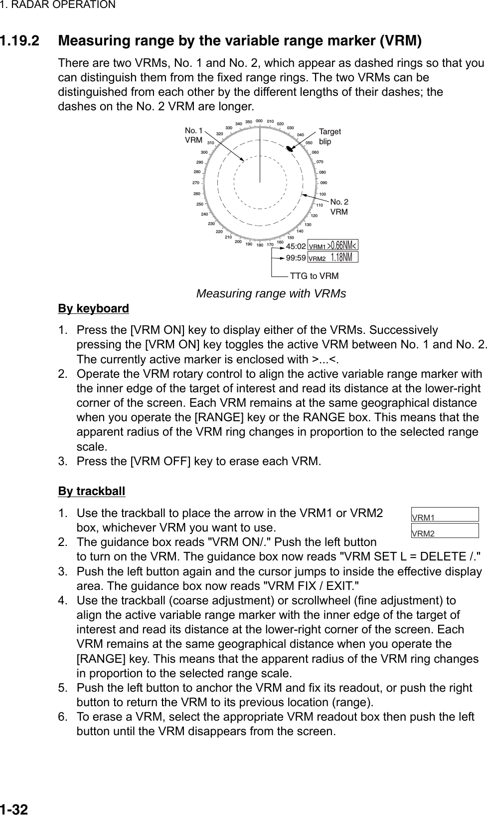 1. RADAR OPERATION  1-32    VRM1        VRM2  1.19.2  Measuring range by the variable range marker (VRM) There are two VRMs, No. 1 and No. 2, which appear as dashed rings so that you can distinguish them from the fixed range rings. The two VRMs can be distinguished from each other by the different lengths of their dashes; the dashes on the No. 2 VRM are longer. 000 010 020030040050060070080090100110120130140150160170180190200210220230240250260270280290300310320330 340 350No. 1VRMTargetblipNo. 2VRM    VRM1         VRM2  &gt;0.66NM&lt;1.18NM45:0299:59TTG to VRM Measuring range with VRMs By keyboard 1.  Press the [VRM ON] key to display either of the VRMs. Successively pressing the [VRM ON] key toggles the active VRM between No. 1 and No. 2. The currently active marker is enclosed with &gt;...&lt;. 2.  Operate the VRM rotary control to align the active variable range marker with the inner edge of the target of interest and read its distance at the lower-right corner of the screen. Each VRM remains at the same geographical distance when you operate the [RANGE] key or the RANGE box. This means that the apparent radius of the VRM ring changes in proportion to the selected range scale.  3.  Press the [VRM OFF] key to erase each VRM.  By trackball 1.  Use the trackball to place the arrow in the VRM1 or VRM2 box, whichever VRM you want to use. 2.  The guidance box reads &quot;VRM ON/.&quot; Push the left button to turn on the VRM. The guidance box now reads &quot;VRM SET L = DELETE /.&quot; 3.  Push the left button again and the cursor jumps to inside the effective display area. The guidance box now reads &quot;VRM FIX / EXIT.&quot; 4.  Use the trackball (coarse adjustment) or scrollwheel (fine adjustment) to align the active variable range marker with the inner edge of the target of interest and read its distance at the lower-right corner of the screen. Each VRM remains at the same geographical distance when you operate the [RANGE] key. This means that the apparent radius of the VRM ring changes in proportion to the selected range scale. 5.  Push the left button to anchor the VRM and fix its readout, or push the right button to return the VRM to its previous location (range). 6.  To erase a VRM, select the appropriate VRM readout box then push the left button until the VRM disappears from the screen.   