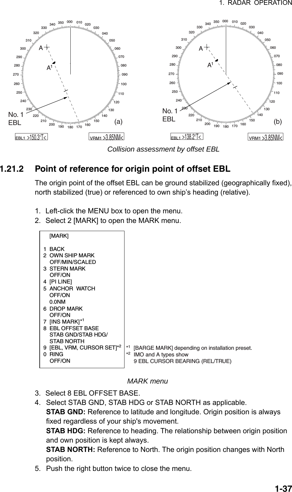 1. RADAR OPERATION  1-37000 010 020030040050060070080090100110120130140150160170180190200210220230240250260270280290300310320330 340 350000 010 020030040050060070080090100110120130140150160170180190200210220230240250260270280290300310320330 340 350AA1AA1No. 1EBLNo. 1EBL    EBL1     &gt;150.3°T&lt;    VRM1     &gt;3.85NM&lt;    EBL1     &gt;138.2°T&lt;    VRM1     &gt;3.85NM&lt;(a)                                                                               (b) Collision assessment by offset EBL  1.21.2  Point of reference for origin point of offset EBL The origin point of the offset EBL can be ground stabilized (geographically fixed), north stabilized (true) or referenced to own ship’s heading (relative).  1.  Left-click the MENU box to open the menu. 2.  Select 2 [MARK] to open the MARK menu.  [MARK]  1 BACK 2  OWN SHIP MARK  OFF/MIN/SCALED 3 STERN MARK  OFF/ON 4 [PI LINE]        5 ANCHOR WATCH   OFF/ON 0.0NM6 DROP MARK OFF/ON7 [INS MARK] *1 8  EBL OFFSET BASE   STAB GND/STAB HDG/  STAB NORTH 9  [EBL, VRM, CURSOR SET]*20 RING  OFF/ON *1[BARGE MARK] depending on installation preset.       *2IMO and A types show  9 EBL CURSOR BEARING (REL/TRUE)  MARK menu 3.  Select 8 EBL OFFSET BASE. 4.  Select STAB GND, STAB HDG or STAB NORTH as applicable. STAB GND: Reference to latitude and longitude. Origin position is always fixed regardless of your ship&apos;s movement. STAB HDG: Reference to heading. The relationship between origin position and own position is kept always.   STAB NORTH: Reference to North. The origin position changes with North position. 5.  Push the right button twice to close the menu. 