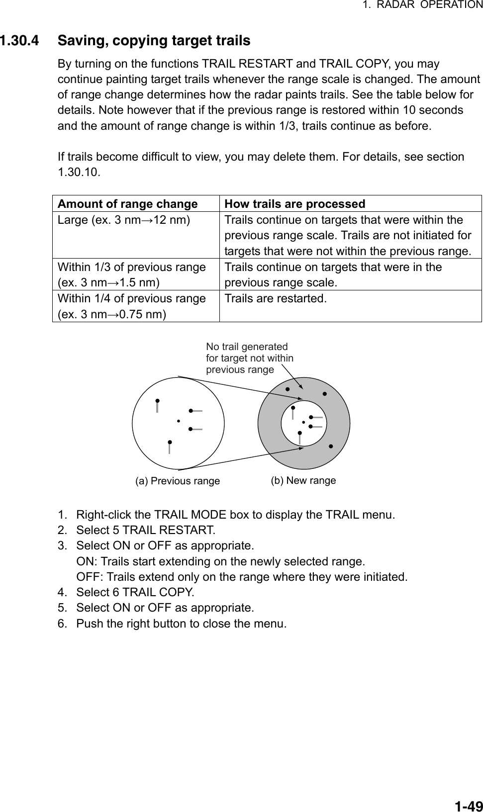 1. RADAR OPERATION  1-491.30.4  Saving, copying target trails By turning on the functions TRAIL RESTART and TRAIL COPY, you may continue painting target trails whenever the range scale is changed. The amount of range change determines how the radar paints trails. See the table below for details. Note however that if the previous range is restored within 10 seconds and the amount of range change is within 1/3, trails continue as before.    If trails become difficult to view, you may delete them. For details, see section 1.30.10.   Amount of range change  How trails are processed Large (ex. 3 nm→12 nm)  Trails continue on targets that were within the previous range scale. Trails are not initiated for targets that were not within the previous range. Within 1/3 of previous range (ex. 3 nm→1.5 nm) Trails continue on targets that were in the previous range scale. Within 1/4 of previous range (ex. 3 nm→0.75 nm) Trails are restarted.  (a) Previous range (b) New rangeNo trail generatedfor target not withinprevious range  1.  Right-click the TRAIL MODE box to display the TRAIL menu. 2.  Select 5 TRAIL RESTART. 3.  Select ON or OFF as appropriate.   ON: Trails start extending on the newly selected range. OFF: Trails extend only on the range where they were initiated. 4.  Select 6 TRAIL COPY. 5.  Select ON or OFF as appropriate. 6.  Push the right button to close the menu.  