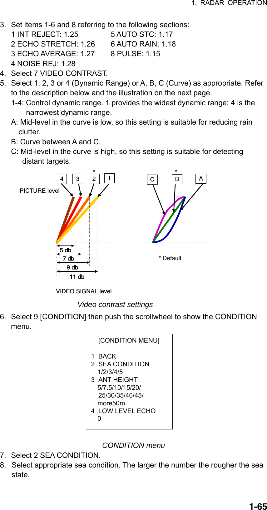 1. RADAR OPERATION  1-65 [CONDITION MENU]  1 BACK 2 SEA CONDITION 1/2/3/4/5 3 ANT HEIGHT 5/7.5/10/15/20/  25/30/35/40/45/ more50m 4 LOW LEVEL ECHO   0 3.  Set items 1-6 and 8 referring to the following sections: 1 INT REJECT: 1.25      5 AUTO STC: 1.17 2 ECHO STRETCH: 1.26   6 AUTO RAIN: 1.18 3 ECHO AVERAGE: 1.27   8 PULSE: 1.15 4 NOISE REJ: 1.28 4.  Select 7 VIDEO CONTRAST. 5.  Select 1, 2, 3 or 4 (Dynamic Range) or A, B, C (Curve) as appropriate. Refer to the description below and the illustration on the next page. 1-4: Control dynamic range. 1 provides the widest dynamic range; 4 is the       narrowest dynamic range.  A: Mid-level in the curve is low, so this setting is suitable for reducing rain     clutter. B: Curve between A and C. C: Mid-level in the curve is high, so this setting is suitable for detecting      distant targets.  5 db 7 db9 db11 db4 3 2 1CBAPICTURE levelVIDEO SIGNAL level*                                    ** Default Video contrast settings 6.  Select 9 [CONDITION] then push the scrollwheel to show the CONDITION menu.              CONDITION menu 7.  Select 2 SEA CONDITION. 8.  Select appropriate sea condition. The larger the number the rougher the sea state. 