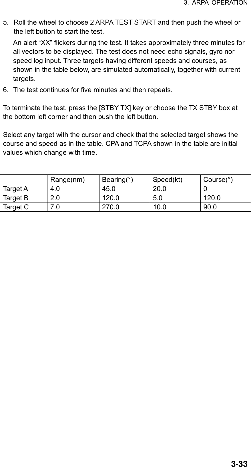 3. ARPA OPERATION  3-335.  Roll the wheel to choose 2 ARPA TEST START and then push the wheel or the left button to start the test.   An alert “XX” flickers during the test. It takes approximately three minutes for all vectors to be displayed. The test does not need echo signals, gyro nor speed log input. Three targets having different speeds and courses, as shown in the table below, are simulated automatically, together with current targets. 6.  The test continues for five minutes and then repeats.  To terminate the test, press the [STBY TX] key or choose the TX STBY box at the bottom left corner and then push the left button.  Select any target with the cursor and check that the selected target shows the course and speed as in the table. CPA and TCPA shown in the table are initial values which change with time.      Range(nm) Bearing(°) Speed(kt) Course(°) Target A  4.0  45.0  20.0  0 Target B  2.0  120.0  5.0  120.0 Target C  7.0  270.0  10.0  90.0   