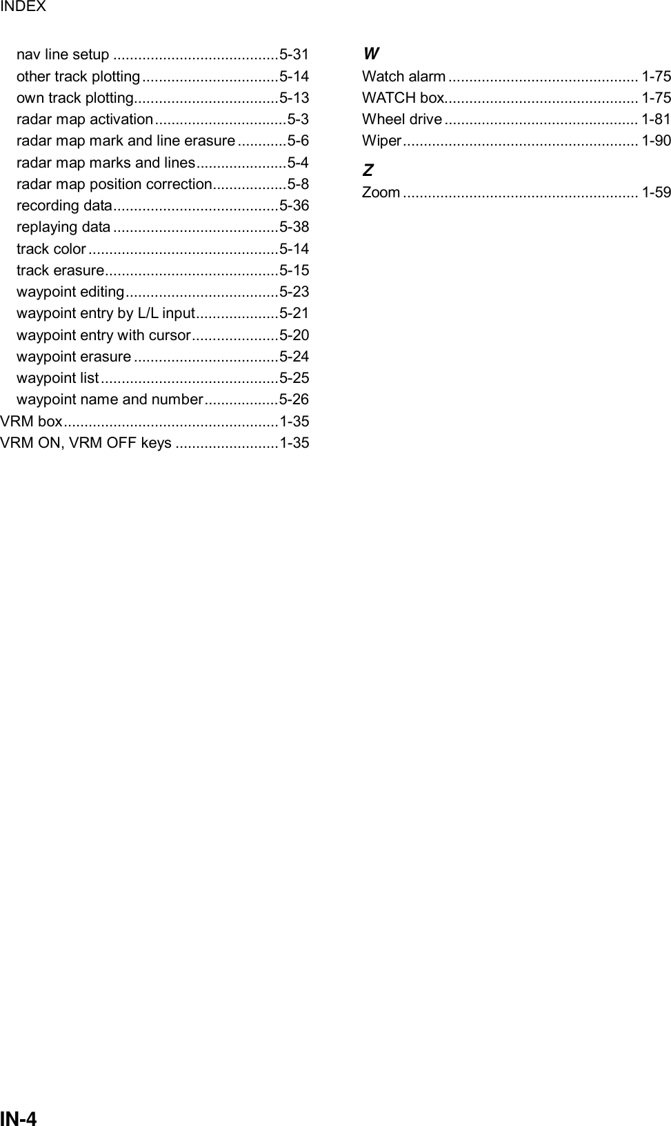 INDEX  IN-4 nav line setup ........................................5-31 other track plotting .................................5-14 own track plotting...................................5-13 radar map activation................................5-3 radar map mark and line erasure ............5-6 radar map marks and lines......................5-4 radar map position correction..................5-8 recording data........................................5-36 replaying data ........................................5-38 track color ..............................................5-14 track erasure..........................................5-15 waypoint editing.....................................5-23 waypoint entry by L/L input....................5-21 waypoint entry with cursor.....................5-20 waypoint erasure ...................................5-24 waypoint list...........................................5-25 waypoint name and number..................5-26 VRM box....................................................1-35 VRM ON, VRM OFF keys .........................1-35 W Watch alarm .............................................. 1-75 WATCH box............................................... 1-75 Wheel drive ............................................... 1-81 Wiper......................................................... 1-90 Z Zoom ......................................................... 1-59            