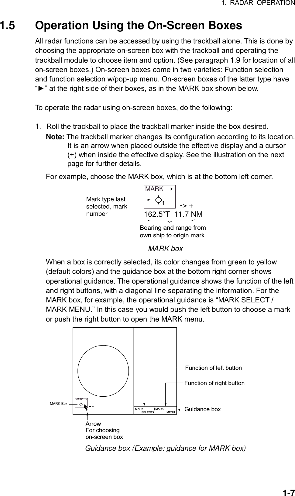 1. RADAR OPERATION  1-71.5  Operation Using the On-Screen Boxes All radar functions can be accessed by using the trackball alone. This is done by choosing the appropriate on-screen box with the trackball and operating the trackball module to choose item and option. (See paragraph 1.9 for location of all on-screen boxes.) On-screen boxes come in two varieties: Function selection and function selection w/pop-up menu. On-screen boxes of the latter type have “►” at the right side of their boxes, as in the MARK box shown below.  To operate the radar using on-screen boxes, do the following:  1.  Roll the trackball to place the trackball marker inside the box desired. Note: The trackball marker changes its configuration according to its location. It is an arrow when placed outside the effective display and a cursor (+) when inside the effective display. See the illustration on the next page for further details. For example, choose the MARK box, which is at the bottom left corner. MARK   Mark type lastselected, marknumber-&gt; +162.5 T  11.7 NMBearing and range from own ship to origin mark1 MARK box When a box is correctly selected, its color changes from green to yellow (default colors) and the guidance box at the bottom right corner shows operational guidance. The operational guidance shows the function of the left and right buttons, with a diagonal line separating the information. For the MARK box, for example, the operational guidance is “MARK SELECT / MARK MENU.” In this case you would push the left button to choose a mark or push the right button to open the MARK menu. Guidance boxMARK        SELECT MARK               MENU/Function of left buttonFunction of right buttonArrowFor choosingon-screen boxMARK   MARK Box&gt; +1 Guidance box (Example: guidance for MARK box) 