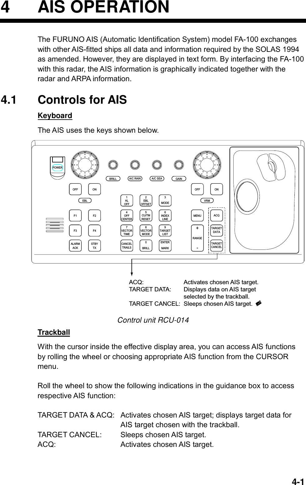   4-14 AIS OPERATION The FURUNO AIS (Automatic Identification System) model FA-100 exchanges with other AIS-fitted ships all data and information required by the SOLAS 1994 as amended. However, they are displayed in text form. By interfacing the FA-100 with this radar, the AIS information is graphically indicated together with the radar and ARPA information.   4.1 Controls for AIS Keyboard The AIS uses the keys shown below. ACQONMENUOFFVRMA/C SEAA/C RAINMODE3LINEINDEX6OFF21HLCENTEROFF45RESETCU/TMOFFSETEBLGAINTARGETCANCELTARGETDATARANGE-+LISTTARGET9MARKENTERTIMEVECTOR78CANCELTRAILS0MODEVECTORBRILLBRILLEBLF1OFFF2ONPOWERACKALARMF3 F4STBYTXACQ: Activates chosen AIS target.TARGET DATA: Displays data on AIS target selected by the trackball.TARGET CANCEL: Sleeps chosen AIS target. Control unit RCU-014 Trackball With the cursor inside the effective display area, you can access AIS functions by rolling the wheel or choosing appropriate AIS function from the CURSOR menu.   Roll the wheel to show the following indications in the guidance box to access respective AIS function:  TARGET DATA &amp; ACQ:  Activates chosen AIS target; displays target data for   AIS target chosen with the trackball. TARGET CANCEL:  Sleeps chosen AIS target. ACQ: Activates chosen AIS target. 