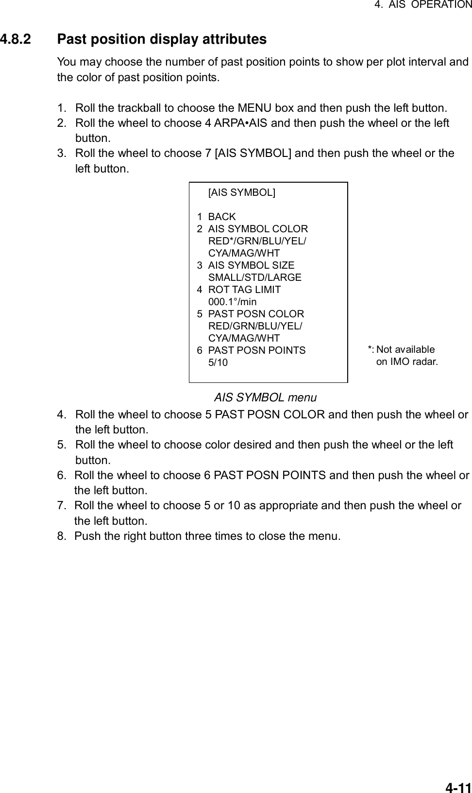 4. AIS OPERATION  4-11 [AIS SYMBOL]  1 BACK 2  AIS SYMBOL COLOR  RED*/GRN/BLU/YEL/  CYA/MAG/WHT 3  AIS SYMBOL SIZE  SMALL/STD/LARGE 4 ROT TAG LIMIT  000.1°/min 5 PAST POSN COLOR  RED/GRN/BLU/YEL/  CYA/MAG/WHT 6 PAST POSN POINTS  5/10 4.8.2  Past position display attributes You may choose the number of past position points to show per plot interval and the color of past position points.    1.  Roll the trackball to choose the MENU box and then push the left button. 2.  Roll the wheel to choose 4 ARPA•AIS and then push the wheel or the left button. 3.  Roll the wheel to choose 7 [AIS SYMBOL] and then push the wheel or the left button.                AIS SYMBOL menu 4.  Roll the wheel to choose 5 PAST POSN COLOR and then push the wheel or the left button. 5.  Roll the wheel to choose color desired and then push the wheel or the left button. 6.  Roll the wheel to choose 6 PAST POSN POINTS and then push the wheel or the left button. 7.  Roll the wheel to choose 5 or 10 as appropriate and then push the wheel or the left button. 8.  Push the right button three times to close the menu.   *: Not  availableon IMO radar.