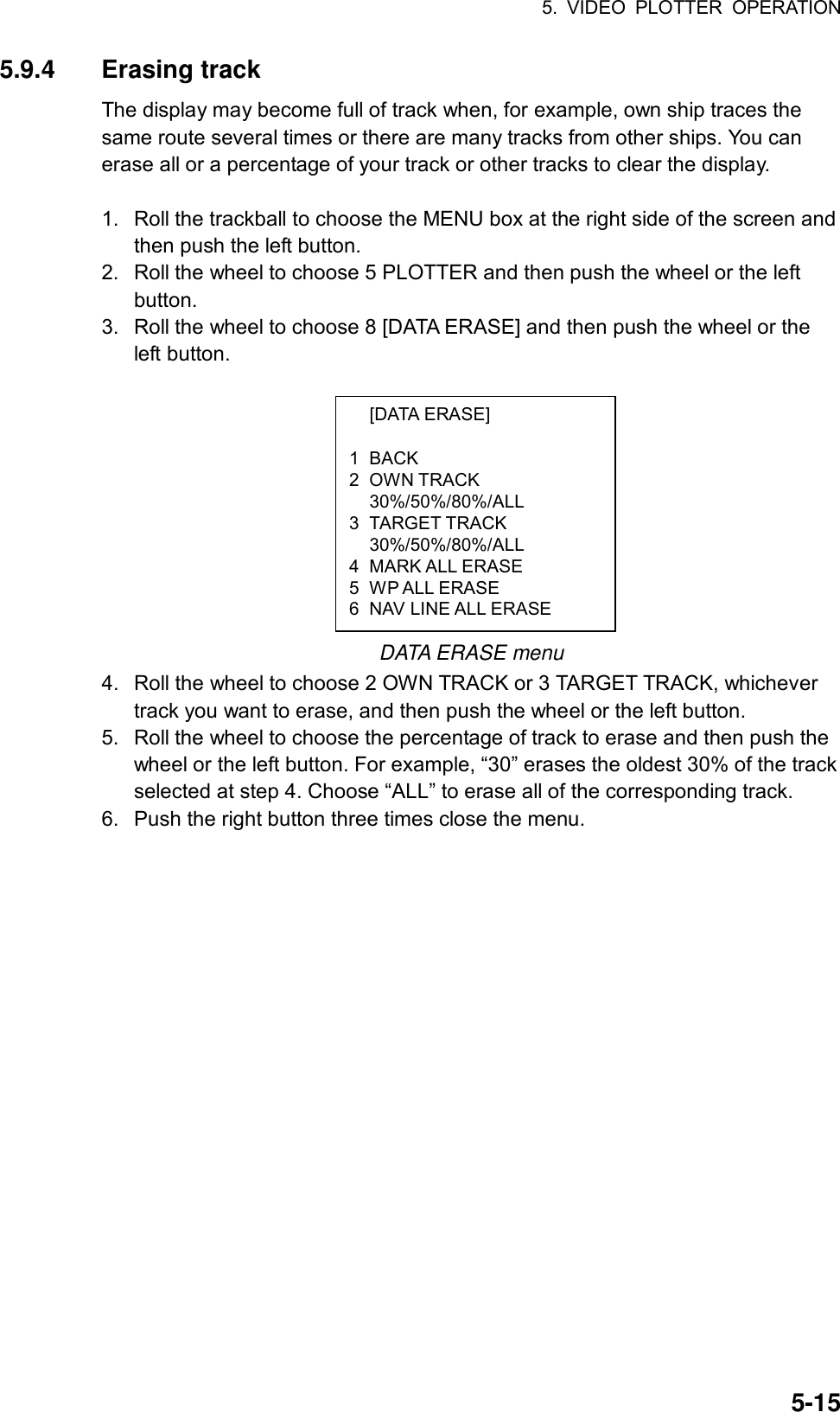 5. VIDEO PLOTTER OPERATION  5-15 [DATA ERASE]  1 BACK 2 OWN TRACK  30%/50%/80%/ALL 3 TARGET TRACK  30%/50%/80%/ALL 4 MARK ALL ERASE 5 WP ALL ERASE 6  NAV LINE ALL ERASE 5.9.4 Erasing track The display may become full of track when, for example, own ship traces the same route several times or there are many tracks from other ships. You can erase all or a percentage of your track or other tracks to clear the display.    1.  Roll the trackball to choose the MENU box at the right side of the screen and then push the left button. 2.  Roll the wheel to choose 5 PLOTTER and then push the wheel or the left button. 3.  Roll the wheel to choose 8 [DATA ERASE] and then push the wheel or the left button.           DATA ERASE menu 4.  Roll the wheel to choose 2 OWN TRACK or 3 TARGET TRACK, whichever track you want to erase, and then push the wheel or the left button. 5.  Roll the wheel to choose the percentage of track to erase and then push the wheel or the left button. For example, “30” erases the oldest 30% of the track selected at step 4. Choose “ALL” to erase all of the corresponding track. 6.  Push the right button three times close the menu.  