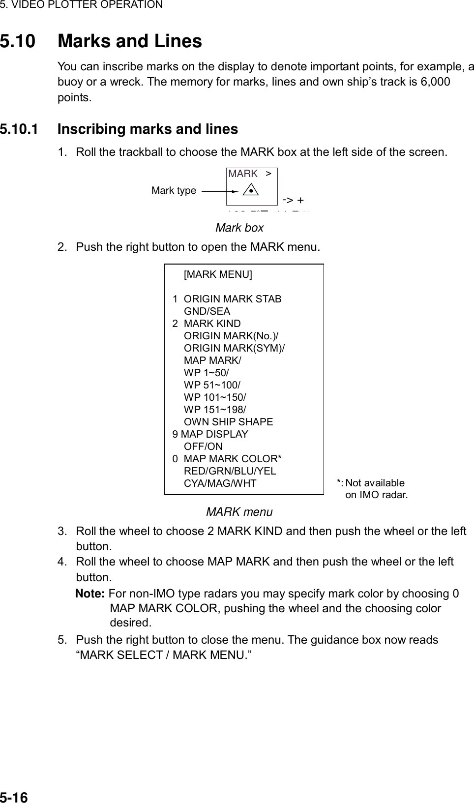 5. VIDEO PLOTTER OPERATION  5-16  [MARK MENU]  1  ORIGIN MARK STAB  GND/SEA 2 MARK KIND  ORIGIN MARK(No.)/  ORIGIN MARK(SYM)/  MAP MARK/  WP 1~50/  WP 51~100/  WP 101~150/  WP 151~198/   OWN SHIP SHAPE 9 MAP DISPLAY  OFF/ON 0  MAP MARK COLOR*  RED/GRN/BLU/YEL  CYA/MAG/WHT 5.10 Marks and Lines You can inscribe marks on the display to denote important points, for example, a buoy or a wreck. The memory for marks, lines and own ship’s track is 6,000 points.  5.10.1  Inscribing marks and lines 1.  Roll the trackball to choose the MARK box at the left side of the screen. MARK   &gt;Mark type -&gt; +162 5 T117NM Mark box 2.  Push the right button to open the MARK menu.                  MARK menu 3.  Roll the wheel to choose 2 MARK KIND and then push the wheel or the left button. 4.  Roll the wheel to choose MAP MARK and then push the wheel or the left button.  Note: For non-IMO type radars you may specify mark color by choosing 0 MAP MARK COLOR, pushing the wheel and the choosing color desired. 5.  Push the right button to close the menu. The guidance box now reads “MARK SELECT / MARK MENU.” *: Not available on IMO radar. 