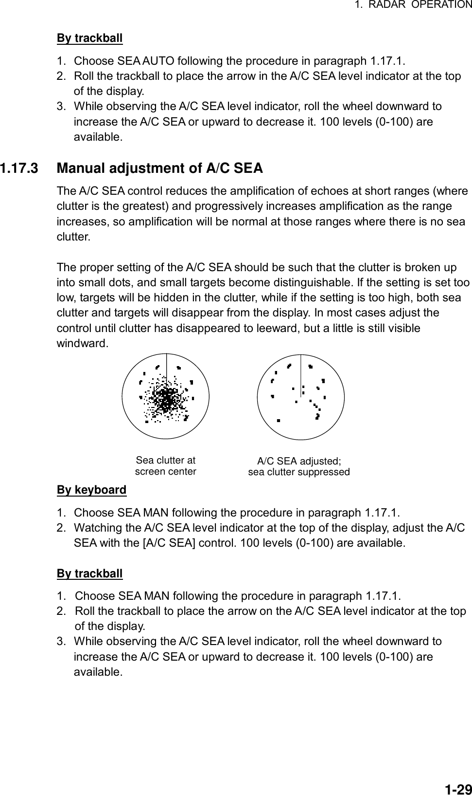 1. RADAR OPERATION  1-29By trackball 1.  Choose SEA AUTO following the procedure in paragraph 1.17.1. 2.  Roll the trackball to place the arrow in the A/C SEA level indicator at the top of the display. 3.  While observing the A/C SEA level indicator, roll the wheel downward to increase the A/C SEA or upward to decrease it. 100 levels (0-100) are available.  1.17.3  Manual adjustment of A/C SEA   The A/C SEA control reduces the amplification of echoes at short ranges (where clutter is the greatest) and progressively increases amplification as the range increases, so amplification will be normal at those ranges where there is no sea clutter.  The proper setting of the A/C SEA should be such that the clutter is broken up into small dots, and small targets become distinguishable. If the setting is set too low, targets will be hidden in the clutter, while if the setting is too high, both sea clutter and targets will disappear from the display. In most cases adjust the control until clutter has disappeared to leeward, but a little is still visible windward. A/C SEA adjusted;sea clutter suppressedSea clutter atscreen center By keyboard 1.  Choose SEA MAN following the procedure in paragraph 1.17.1. 2.  Watching the A/C SEA level indicator at the top of the display, adjust the A/C SEA with the [A/C SEA] control. 100 levels (0-100) are available.  By trackball 1.  Choose SEA MAN following the procedure in paragraph 1.17.1. 2.  Roll the trackball to place the arrow on the A/C SEA level indicator at the top of the display. 3.  While observing the A/C SEA level indicator, roll the wheel downward to increase the A/C SEA or upward to decrease it. 100 levels (0-100) are available.     