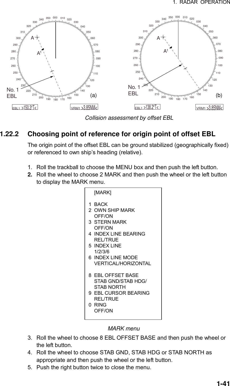 1. RADAR OPERATION  1-41 [MARK]  1 BACK 2  OWN SHIP MARK  OFF/ON 3 STERN MARK  OFF/ON 4  INDEX LINE BEARING  REL/TRUE 5 INDEX LINE  1/2/3/6 6  INDEX LINE MODE  VERTICAL/HORIZONTAL   8  EBL OFFSET BASE   STAB GND/STAB HDG/  STAB NORTH 9  EBL CURSOR BEARING  REL/TRUE 0 RING  OFF/ON 000 010 020 030040050060070080090100110120130140150160170180190200210220230240250260270280290300310320330 340 350000 010 020 030040050060070080090100110120130140150160170180190200210220230240250260270280290300310320330 340 350AA1AA1No. 1EBLNo. 1EBL    EBL1     &gt;150.3 T&lt;    VRM1     &gt;3.85NM&lt;    EBL1     &gt;138.2 T&lt;    VRM1     &gt;3.85NM&lt;(a)                                                                               (b) Collision assessment by offset EBL  1.22.2  Choosing point of reference for origin point of offset EBL The origin point of the offset EBL can be ground stabilized (geographically fixed) or referenced to own ship’s heading (relative).  1.  Roll the trackball to choose the MENU box and then push the left button. 2.  Roll the wheel to choose 2 MARK and then push the wheel or the left button to display the MARK menu.                                                                                                MARK menu 3.  Roll the wheel to choose 8 EBL OFFSET BASE and then push the wheel or the left button. 4.  Roll the wheel to choose STAB GND, STAB HDG or STAB NORTH as appropriate and then push the wheel or the left button. 5.  Push the right button twice to close the menu. 