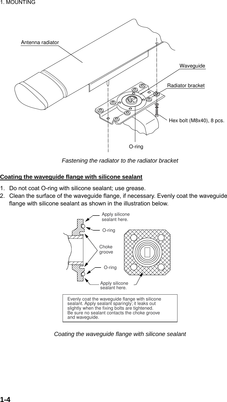 1. MOUNTING  1-4O-ringRadiator bracketWaveguideAntenna radiatorHex bolt (M8x40), 8 pcs. Fastening the radiator to the radiator bracket  Coating the waveguide flange with silicone sealant 1.  Do not coat O-ring with silicone sealant; use grease. 2.  Clean the surface of the waveguide flange, if necessary. Evenly coat the waveguide flange with silicone sealant as shown in the illustration below. O-ringO-ringApply siliconesealant here.Apply siliconesealant here.ChokegrooveEvenly coat the waveguide flange with siliconesealant. Apply sealant sparingly; it leaks outslightly when the fixing bolts are tightened.Be sure no sealant contacts the choke grooveand waveguide. Coating the waveguide flange with silicone sealant  