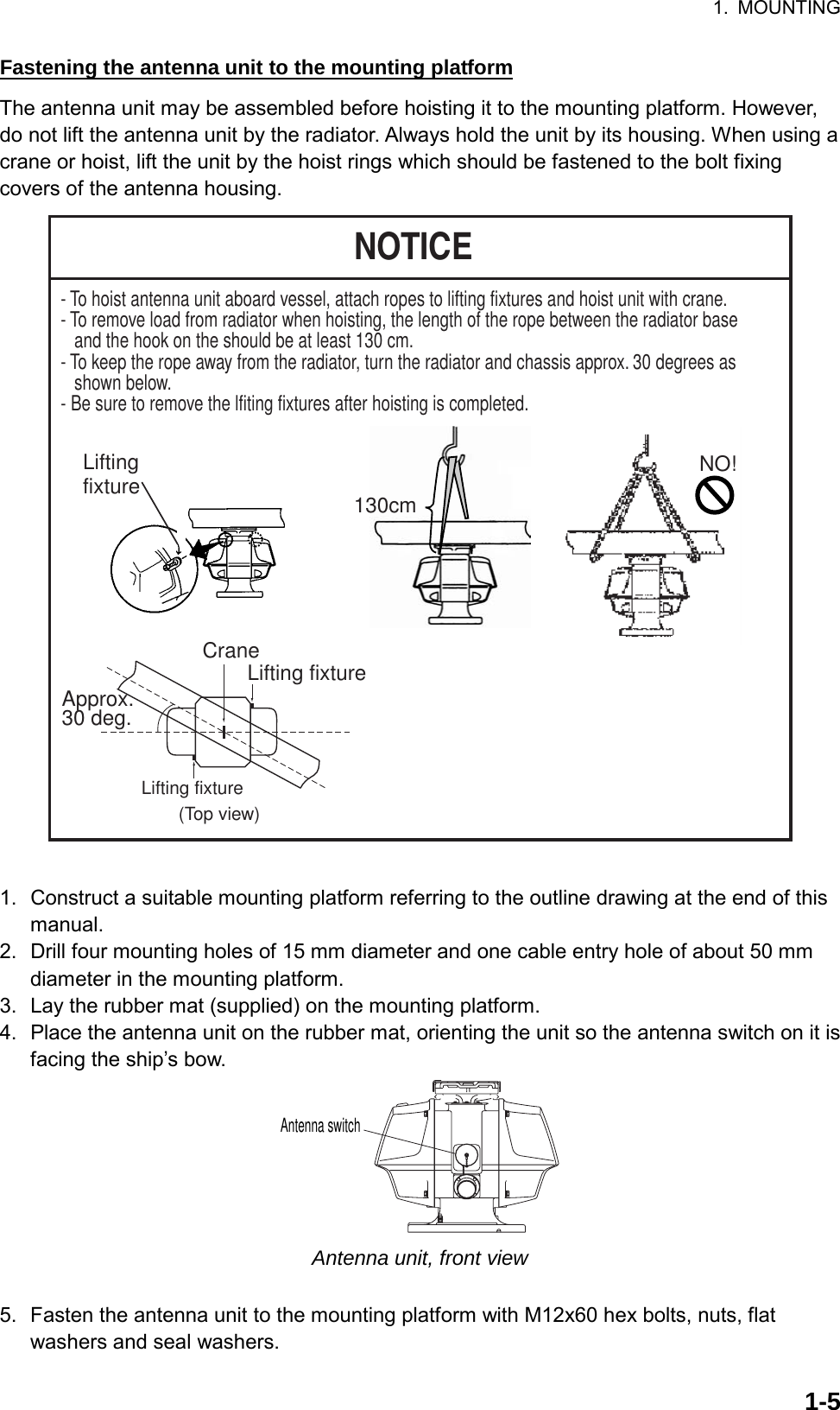 1. MOUNTING  1-5Fastening the antenna unit to the mounting platform The antenna unit may be assembled before hoisting it to the mounting platform. However, do not lift the antenna unit by the radiator. Always hold the unit by its housing. When using a crane or hoist, lift the unit by the hoist rings which should be fastened to the bolt fixing covers of the antenna housing. NOTICENO!- To hoist antenna unit aboard vessel, attach ropes to lifting fixtures and hoist unit with crane.- To remove load from radiator when hoisting, the length of the rope between the radiator base    and the hook on the should be at least 130 cm.- To keep the rope away from the radiator, turn the radiator and chassis approx. 30 degrees as    shown below.- Be sure to remove the lfiting fixtures after hoisting is completed.130cmApprox.30 deg.Lifting fixtureLifting fixtureCrane(Top view)NO!Liftingfixture  1.  Construct a suitable mounting platform referring to the outline drawing at the end of this manual. 2.  Drill four mounting holes of 15 mm diameter and one cable entry hole of about 50 mm diameter in the mounting platform. 3.  Lay the rubber mat (supplied) on the mounting platform. 4.  Place the antenna unit on the rubber mat, orienting the unit so the antenna switch on it is facing the ship’s bow. Antenna switch Antenna unit, front view  5.  Fasten the antenna unit to the mounting platform with M12x60 hex bolts, nuts, flat washers and seal washers. 