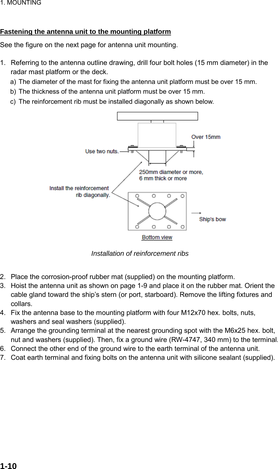 1. MOUNTING  1-10 Fastening the antenna unit to the mounting platform See the figure on the next page for antenna unit mounting.  1.  Referring to the antenna outline drawing, drill four bolt holes (15 mm diameter) in the radar mast platform or the deck. a) The diameter of the mast for fixing the antenna unit platform must be over 15 mm. b) The thickness of the antenna unit platform must be over 15 mm. c)  The reinforcement rib must be installed diagonally as shown below.  Installation of reinforcement ribs  2.  Place the corrosion-proof rubber mat (supplied) on the mounting platform. 3.  Hoist the antenna unit as shown on page 1-9 and place it on the rubber mat. Orient the cable gland toward the ship’s stern (or port, starboard). Remove the lifting fixtures and collars. 4.  Fix the antenna base to the mounting platform with four M12x70 hex. bolts, nuts, washers and seal washers (supplied). 5.  Arrange the grounding terminal at the nearest grounding spot with the M6x25 hex. bolt, nut and washers (supplied). Then, fix a ground wire (RW-4747, 340 mm) to the terminal. 6.  Connect the other end of the ground wire to the earth terminal of the antenna unit. 7.  Coat earth terminal and fixing bolts on the antenna unit with silicone sealant (supplied).  