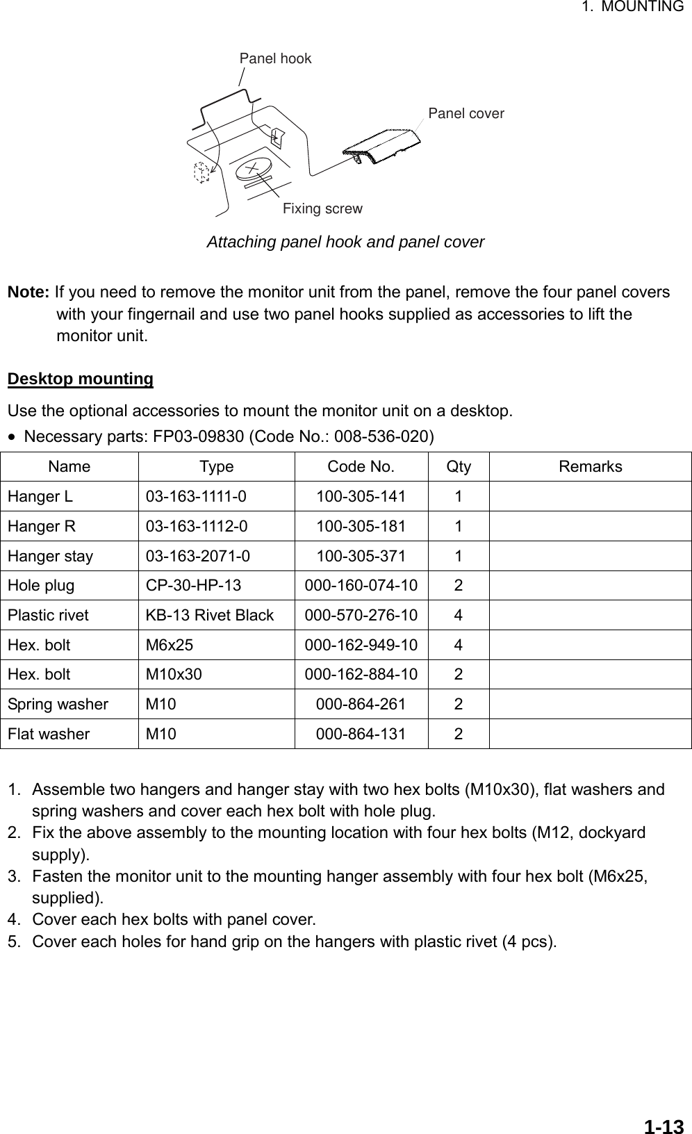 1. MOUNTING  1-13Panel hookPanel coverFixing screw Attaching panel hook and panel cover  Note: If you need to remove the monitor unit from the panel, remove the four panel covers with your fingernail and use two panel hooks supplied as accessories to lift the monitor unit.  Desktop mounting Use the optional accessories to mount the monitor unit on a desktop. •  Necessary parts: FP03-09830 (Code No.: 008-536-020) Name Type Code No. Qty Remarks Hanger L  03-163-1111-0  100-305-141 1  Hanger R  03-163-1112-0  100-305-181  1   Hanger stay  03-163-2071-0  100-305-371  1   Hole plug  CP-30-HP-13  000-160-074-10 2   Plastic rivet  KB-13 Rivet Black  000-570-276-10 4   Hex. bolt  M6x25  000-162-949-10 4   Hex. bolt  M10x30  000-162-884-10 2   Spring washer  M10  000-864-261  2   Flat washer  M10  000-864-131  2    1.  Assemble two hangers and hanger stay with two hex bolts (M10x30), flat washers and spring washers and cover each hex bolt with hole plug. 2.  Fix the above assembly to the mounting location with four hex bolts (M12, dockyard supply). 3.  Fasten the monitor unit to the mounting hanger assembly with four hex bolt (M6x25, supplied). 4.  Cover each hex bolts with panel cover. 5.  Cover each holes for hand grip on the hangers with plastic rivet (4 pcs).  
