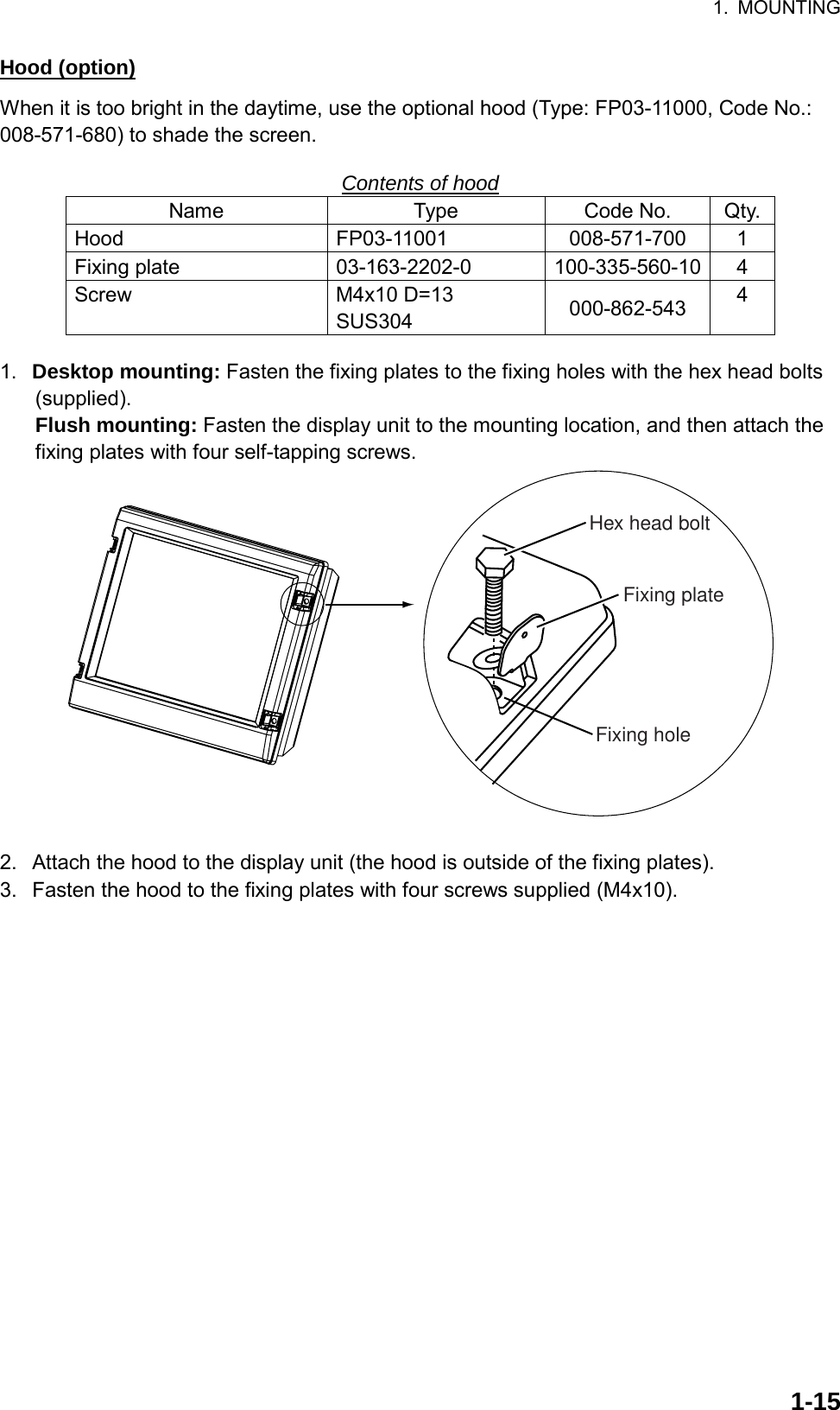 1. MOUNTING  1-15Hood (option) When it is too bright in the daytime, use the optional hood (Type: FP03-11000, Code No.: 008-571-680) to shade the screen.  Contents of hood Name Type Code No. Qty.Hood FP03-11001 008-571-700 1 Fixing plate  03-163-2202-0  100-335-560-10  4 Screw M4x10 D=13 SUS304   000-862-543  4  1.  Desktop mounting: Fasten the fixing plates to the fixing holes with the hex head bolts (supplied). Flush mounting: Fasten the display unit to the mounting location, and then attach the fixing plates with four self-tapping screws.   Fixing plateFixing holeHex head bolt  2.  Attach the hood to the display unit (the hood is outside of the fixing plates). 3.  Fasten the hood to the fixing plates with four screws supplied (M4x10).  