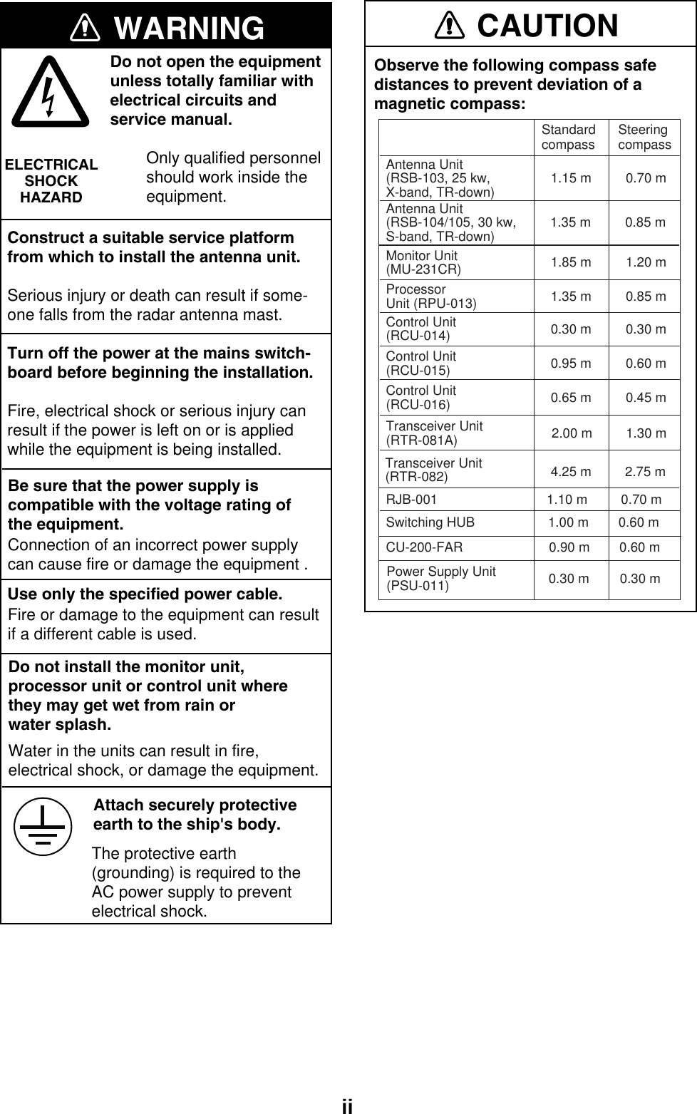  iiCAUTIONObserve the following compass safedistances to prevent deviation of amagnetic compass:Standardcompass    Antenna Unit (RSB-103, 25 kw, X-band, TR-down) 1.15 m 0.70 mMonitor Unit(MU-231CR) 1.85 m 1.20 mProcessorUnit (RPU-013) 1.35 m 0.85 mControl Unit(RCU-014) 0.30 m 0.30 mControl Unit(RCU-015) 0.95 m 0.60 mControl Unit(RCU-016) 0.65 m 0.45 mSteeringcompass Antenna Unit(RSB-104/105, 30 kw, S-band, TR-down) 1.35 m 0.85 mTransceiver Unit(RTR-081A)2.00 m 1.30 mPower Supply Unit(PSU-011)4.25 m 2.75 mRJB-001 1.10 m 0.70 mSwitching HUB 1.00 m 0.60 mCU-200-FAR 0.90 m 0.60 m0.30 m 0.30 mTransceiver Unit(RTR-082)Be sure that the power supply iscompatible with the voltage rating ofthe equipment.Do not install the monitor unit, processor unit or control unit wherethey may get wet from rain orwater splash.Fire or damage to the equipment can resultif a different cable is used.Connection of an incorrect power supplycan cause fire or damage the equipment . Use only the specified power cable.Water in the units can result in fire, electrical shock, or damage the equipment.Attach securely protectiveearth to the ship&apos;s body.The protective earth (grounding) is required to the AC power supply to prevent electrical shock.Do not open the equipmentunless totally familiar withelectrical circuits andservice manual.        Only qualified personnel        should work inside the        equipment.WARNINGConstruct a suitable service platformfrom which to install the antenna unit.Serious injury or death can result if some-one falls from the radar antenna mast.Turn off the power at the mains switch-board before beginning the installation.Fire, electrical shock or serious injury canresult if the power is left on or is appliedwhile the equipment is being installed.ELECTRICALSHOCKHAZARD 