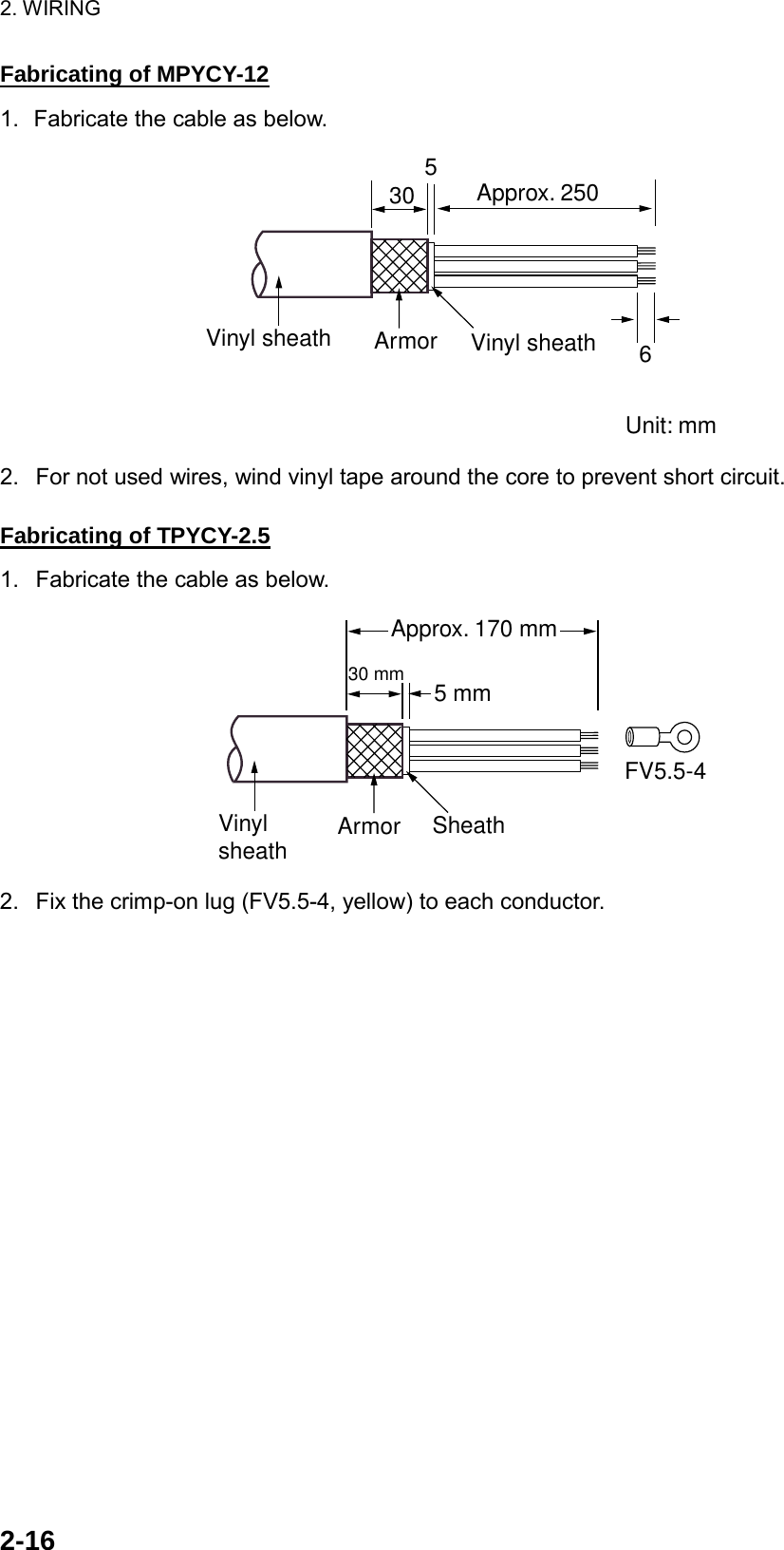 2. WIRING  2-16Fabricating of MPYCY-12 1.  Fabricate the cable as below. 30 5 ArmorVinyl sheathApprox. 250  Vinyl sheath 6 Unit: mm 2.  For not used wires, wind vinyl tape around the core to prevent short circuit.  Fabricating of TPYCY-2.5 1.  Fabricate the cable as below. 30 mm 5 mmFV5.5-4SheathArmorVinylsheathApprox. 170 mm  2.  Fix the crimp-on lug (FV5.5-4, yellow) to each conductor.   