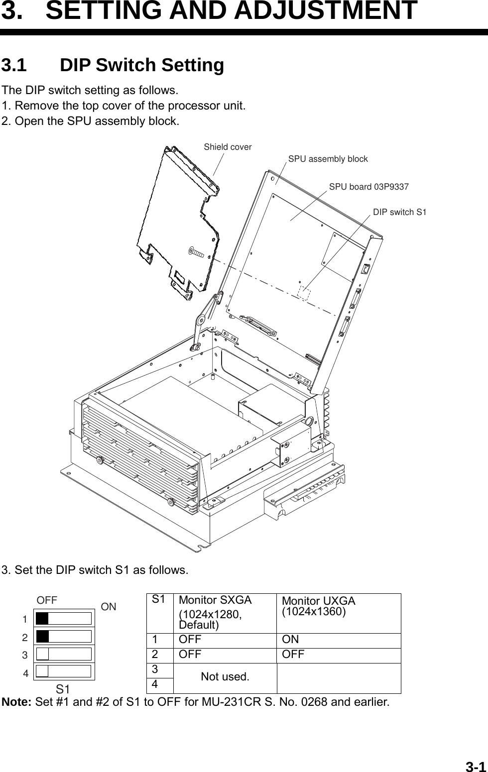  3-13. SETTING AND ADJUSTMENT3.1  DIP Switch Setting The DIP switch setting as follows. 1. Remove the top cover of the processor unit. 2. Open the SPU assembly block. Shield coverSPU assembly blockSPU board 03P9337DIP switch S1 3. Set the DIP switch S1 as follows.  S1  Monitor SXGA (1024x1280, Default) Monitor UXGA (1024x1360) 1 OFF  ON 2 OFF  OFF 3 4  Not used.   Note: Set #1 and #2 of S1 to OFF for MU-231CR S. No. 0268 and earlier. 1234OFF ONS1