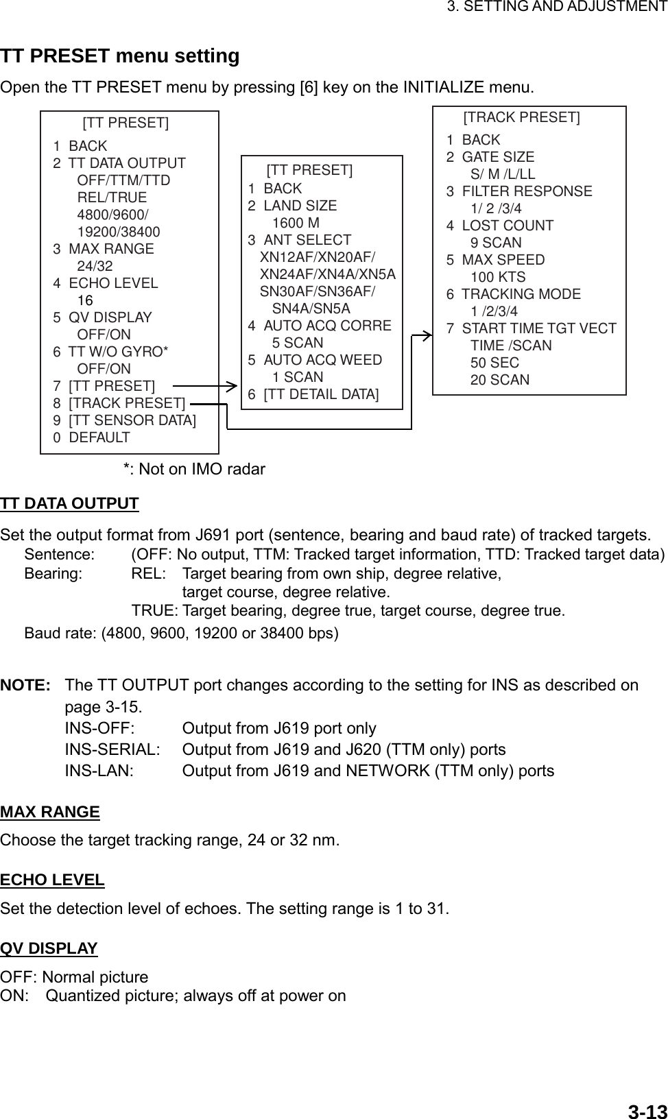 3. SETTING AND ADJUSTMENT  3-13TT PRESET menu setting Open the TT PRESET menu by pressing [6] key on the INITIALIZE menu. [TT PRESET]1  BACK2  TT DATA OUTPUTOFF/TTM/TTDREL/TRUE4800/9600/19200/384003  MAX RANGE24/324  ECHO LEVEL165  QV DISPLAYOFF/ON6  TT W/O GYRO*OFF/ON7  [TT PRESET]8  [TRACK PRESET]9  [TT SENSOR DATA]0  DEFAULT1  BACK2  LAND SIZE1600 M3  ANT SELECT   XN12AF/XN20AF/   XN24AF/XN4A/XN5A   SN30AF/SN36AF/SN4A/SN5A4  AUTO ACQ CORRE5 SCAN5  AUTO ACQ WEED1 SCAN6  [TT DETAIL DATA]1  BACK2  GATE SIZES/ M /L/LL3  FILTER RESPONSE1/ 2 /3/44  LOST COUNT9 SCAN5  MAX SPEED100 KTS6  TRACKING MODE1 /2/3/47  START TIME TGT VECTTIME /SCAN50 SEC20 SCAN[TT PRESET][TRACK PRESET]                *: Not on IMO radar  TT DATA OUTPUT Set the output format from J691 port (sentence, bearing and baud rate) of tracked targets. Sentence:  (OFF: No output, TTM: Tracked target information, TTD: Tracked target data) Bearing:    REL:  Target bearing from own ship, degree relative,       target course, degree relative.   TRUE: Target bearing, degree true, target course, degree true. Baud rate: (4800, 9600, 19200 or 38400 bps)  NOTE:  The TT OUTPUT port changes according to the setting for INS as described on page 3-15. INS-OFF:  Output from J619 port only INS-SERIAL: Output from J619 and J620 (TTM only) ports INS-LAN: Output from J619 and NETWORK (TTM only) ports  MAX RANGE Choose the target tracking range, 24 or 32 nm.  ECHO LEVEL Set the detection level of echoes. The setting range is 1 to 31.  QV DISPLAY OFF: Normal picture ON:    Quantized picture; always off at power on  