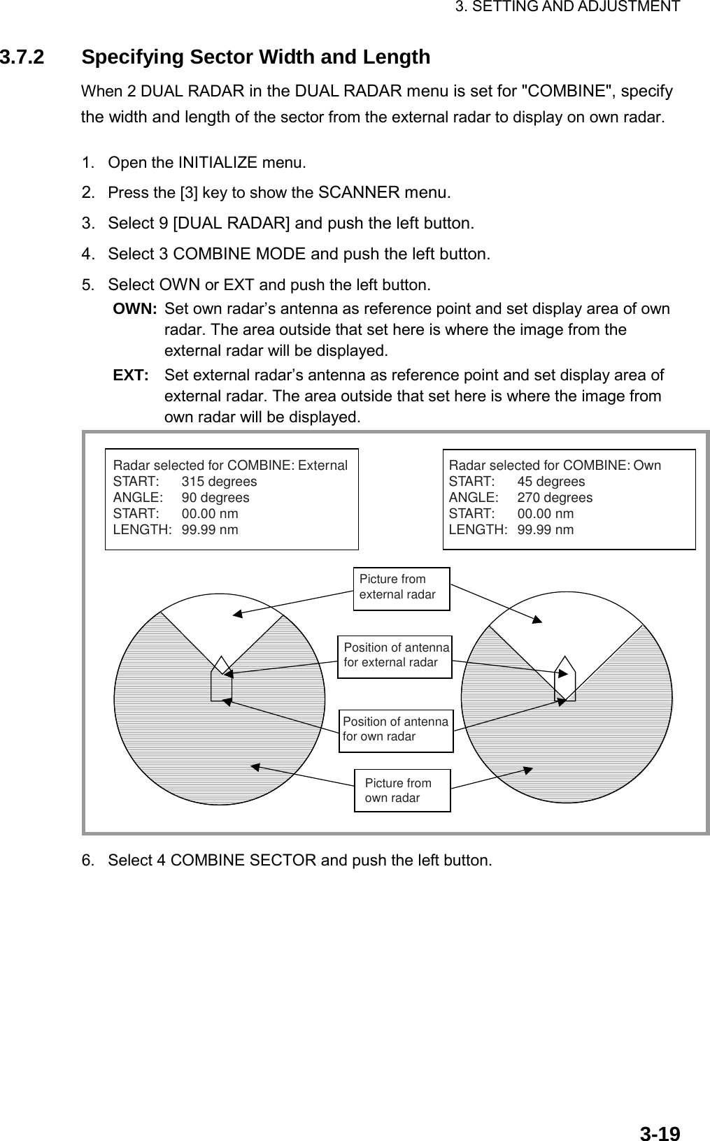 3. SETTING AND ADJUSTMENT  3-193.7.2  Specifying Sector Width and Length When 2 DUAL RADAR in the DUAL RADAR menu is set for &quot;COMBINE&quot;, specify the width and length of the sector from the external radar to display on own radar. 1.  Open the INITIALIZE menu. 2.  Press the [3] key to show the SCANNER menu. 3.  Select 9 [DUAL RADAR] and push the left button. 4.  Select 3 COMBINE MODE and push the left button. 5.  Select OWN or EXT and push the left button. OWN: Set own radar’s antenna as reference point and set display area of own radar. The area outside that set here is where the image from the external radar will be displayed. EXT:  Set external radar’s antenna as reference point and set display area of external radar. The area outside that set here is where the image from own radar will be displayed. Picture fromexternal radarPosition of antennafor external radarPosition of antennafor own radarPicture fromown radar  Radar selected for COMBINE: OwnSTART: 45 degreesANGLE: 270 degreesSTART: 00.00 nmLENGTH: 99.99 nmRadar selected for COMBINE: ExternalSTART: 315 degreesANGLE: 90 degreesSTART: 00.00 nmLENGTH: 99.99 nm 6.  Select 4 COMBINE SECTOR and push the left button. 