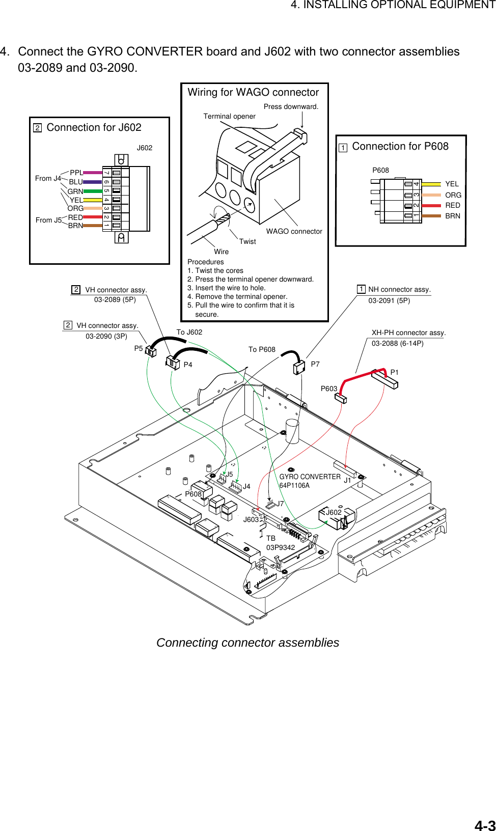 4. INSTALLING OPTIONAL EQUIPMENT    4-34.  Connect the GYRO CONVERTER board and J602 with two connector assemblies 03-2089 and 03-2090. 1141121312131121517XH-PH connector assy.03-2088 (6-14P)NH connector assy.03-2091 (5P)VH connector assy.03-2089 (5P) VH connector assy.03-2090 (3P)J1P1J603P603GYRO CONVERTER64P1106ATB03P9342P608J7J4J5P5P4 P7J602To P608To J602122P6081234BRNREDORGYEL1Connection for P6082Connection for J60217 23456BRNREDORGYELGRNBLUPPLJ602Procedures1. Twist the cores2. Press the terminal opener downward.3. Insert the wire to hole.4. Remove the terminal opener.5. Pull the wire to confirm that it is     secure.Terminal openerWiring for WAGO connectorWAGO connectorWire TwistPress downward.From J5From J4 Connecting connector assemblies  