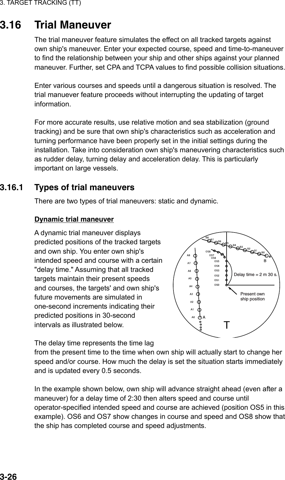 3. TARGET TRACKING (TT)  3-263.16 Trial Maneuver The trial maneuver feature simulates the effect on all tracked targets against own ship&apos;s maneuver. Enter your expected course, speed and time-to-maneuver to find the relationship between your ship and other ships against your planned maneuver. Further, set CPA and TCPA values to find possible collision situations.  Enter various courses and speeds until a dangerous situation is resolved. The trial manuever feature proceeds without interrupting the updating of target information.   For more accurate results, use relative motion and sea stabilization (ground tracking) and be sure that own ship&apos;s characteristics such as acceleration and turning performance have been properly set in the initial settings during the installation. Take into consideration own ship&apos;s maneuvering characteristics such as rudder delay, turning delay and acceleration delay. This is particularly important on large vessels.  3.16.1  Types of trial maneuvers There are two types of trial maneuvers: static and dynamic.  Dynamic trial maneuver A dynamic trial maneuver displays predicted positions of the tracked targets and own ship. You enter own ship&apos;s intended speed and course with a certain &quot;delay time.&quot; Assuming that all tracked targets maintain their present speeds and courses, the targets&apos; and own ship&apos;s future movements are simulated in one-second increments indicating their predicted positions in 30-second intervals as illustrated below.  The delay time represents the time lag from the present time to the time when own ship will actually start to change her speed and/or course. How much the delay is set the situation starts immediately and is updated every 0.5 seconds.  In the example shown below, own ship will advance straight ahead (even after a maneuver) for a delay time of 2:30 then alters speed and course until operator-specified intended speed and course are achieved (position OS5 in this example). OS6 and OS7 show changes in course and speed and OS8 show that the ship has completed course and speed adjustments.   Delay time = 2 m 30 s.Present own ship position