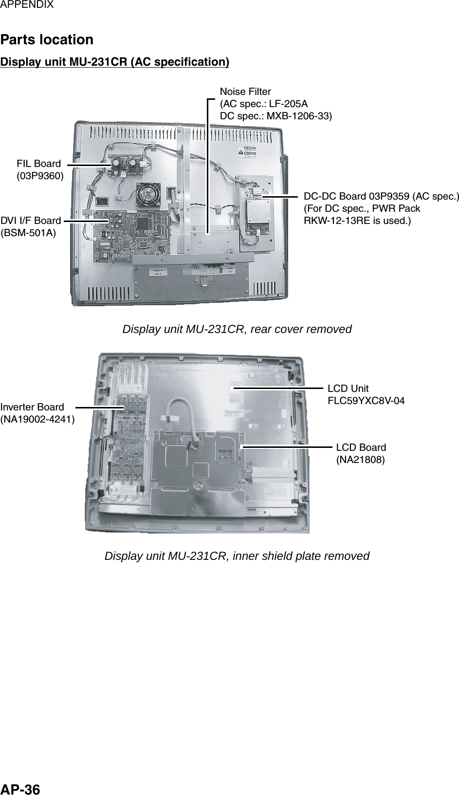 APPENDIX  AP-36 Parts location Display unit MU-231CR (AC specification) Noise Filter(AC spec.: LF-205ADC spec.: MXB-1206-33)DC-DC Board 03P9359 (AC spec.)(For DC spec., PWR PackRKW-12-13RE is used.)FIL Board(03P9360)DVI I/F Board(BSM-501A) Display unit MU-231CR, rear cover removed Inverter Board(NA19002-4241)LCD UnitFLC59YXC8V-04LCD Board(NA21808) Display unit MU-231CR, inner shield plate removed 