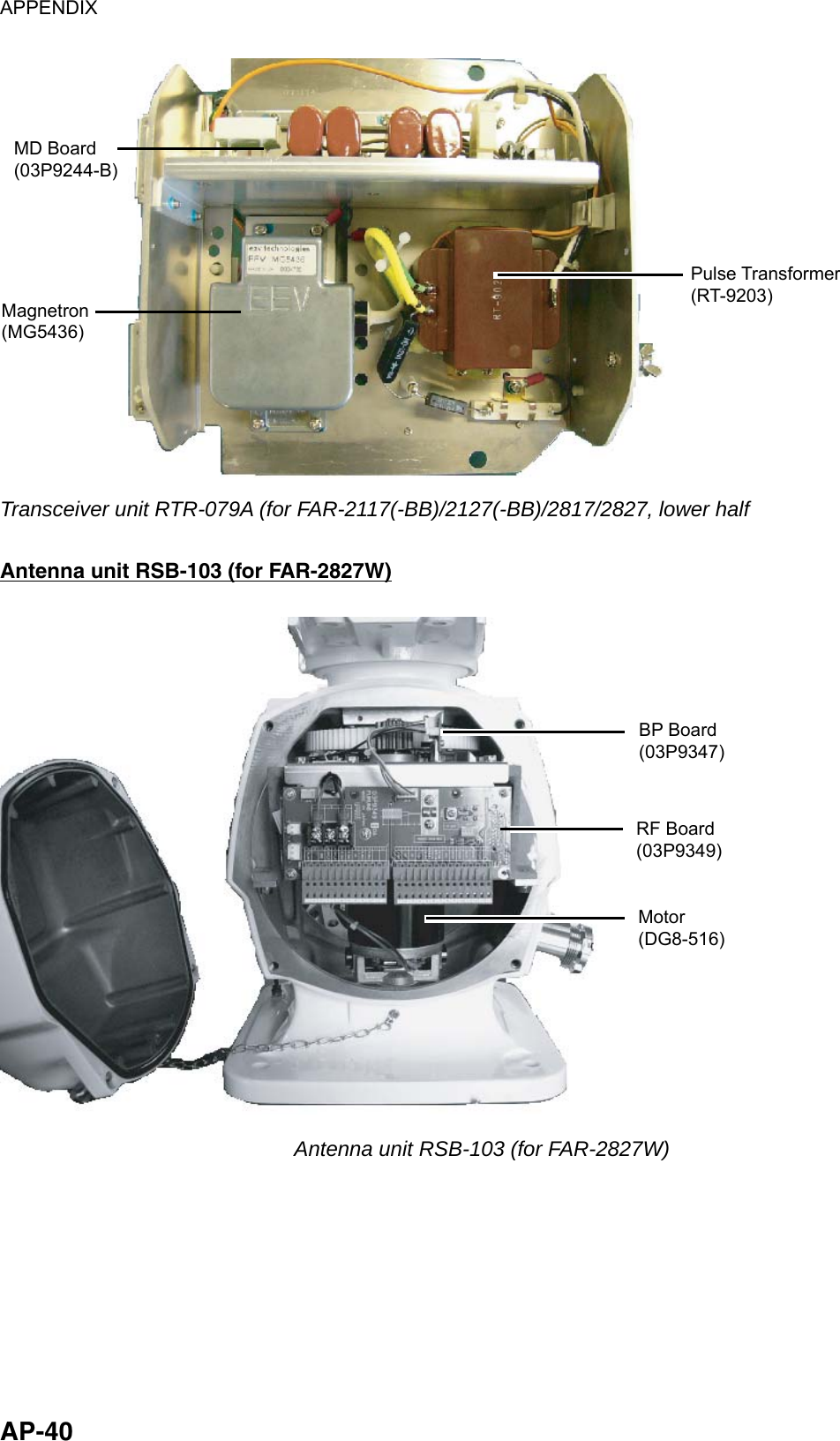 APPENDIX  AP-40 MD Board(03P9244-B)Magnetron(MG5436)Pulse Transformer(RT-9203) Transceiver unit RTR-079A (for FAR-2117(-BB)/2127(-BB)/2817/2827, lower half  Antenna unit RSB-103 (for FAR-2827W) BP Board(03P9347)RF Board(03P9349)Motor(DG8-516) Antenna unit RSB-103 (for FAR-2827W) 