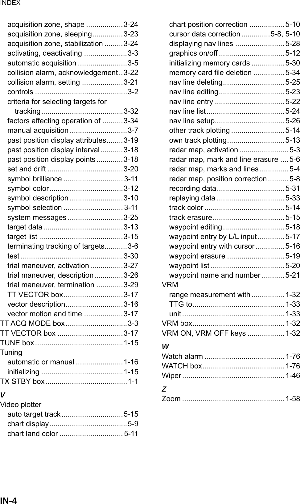 INDEX  IN-4acquisition zone, shape ..................3-24 acquisition zone, sleeping...............3-23 acquisition zone, stabilization .........3-24 activating, deactivating .....................3-3 automatic acquisition ........................3-5 collision alarm, acknowledgement..3-22 collision alarm, setting ....................3-21 controls .............................................3-2 criteria for selecting targets for tracking........................................3-32 factors affecting operation of ..........3-34 manual acquisition ............................3-7 past position display attributes........3-19 past position display interval...........3-18 past position display points .............3-18 set and drift .....................................3-20 symbol brilliance ............................. 3-11 symbol color....................................3-12 symbol description ..........................3-10 symbol selection ............................. 3-11 system messages ...........................3-25 target data.......................................3-13 target list .........................................3-15 terminating tracking of targets...........3-6 test ..................................................3-30 trial maneuver, activation ................3-27 trial maneuver, description..............3-26 trial maneuver, termination .............3-29 TT VECTOR box.............................3-17 vector description............................3-16 vector motion and time ...................3-17 TT ACQ MODE box ..............................3-3 TT VECTOR box ................................3-17 TUNE box ...........................................1-15 Tuning automatic or manual .......................1-16 initializing ........................................1-15 TX STBY box........................................1-1 V Video plotter auto target track..............................5-15 chart display......................................5-9 chart land color ............................... 5-11 chart position correction ................. 5-10 cursor data correction ..............5-8, 5-10 displaying nav lines ........................ 5-28 graphics on/off ................................ 5-12 initializing memory cards ................ 5-30 memory card file deletion ............... 5-34 nav line deleting.............................. 5-25 nav line editing................................ 5-23 nav line entry .................................. 5-22 nav line list...................................... 5-24 nav line setup.................................. 5-26 other track plotting .......................... 5-14 own track plotting............................ 5-13 radar map, activation ........................ 5-3 radar map, mark and line erasure .... 5-6 radar map, marks and lines ..............5-4 radar map, position correction .......... 5-8 recording data................................. 5-31 replaying data ................................. 5-33 track color ....................................... 5-14 track erasure................................... 5-15 waypoint editing.............................. 5-18 waypoint entry by L/L input ............. 5-17 waypoint entry with cursor .............. 5-16 waypoint erasure ............................ 5-19 waypoint list .................................... 5-20 waypoint name and number ........... 5-21 VRM range measurement with ................ 1-32 TTG to............................................. 1-33 unit .................................................. 1-33 VRM box............................................. 1-32 VRM ON, VRM OFF keys .................. 1-32 W Watch alarm ....................................... 1-76 WATCH box........................................ 1-76 Wiper ..................................................1-46 Z Zoom .................................................. 1-58     