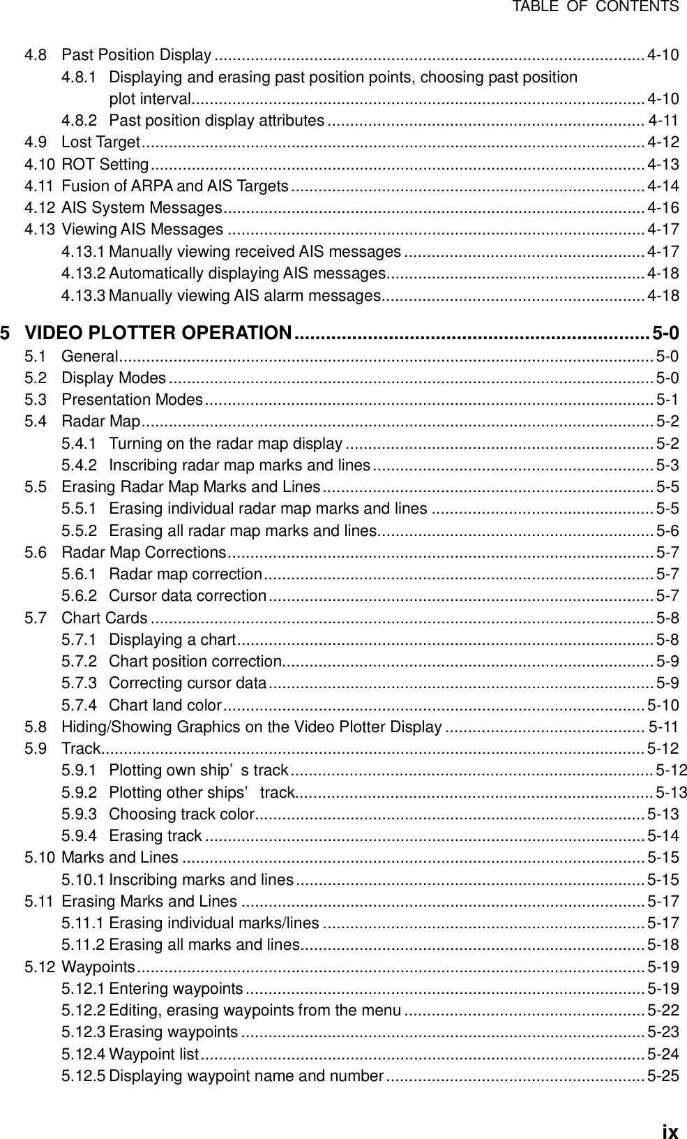 TABLE OF CONTENTS  ix4.8 Past Position Display ...............................................................................................4-10 4.8.1 Displaying and erasing past position points, choosing past position plot interval....................................................................................................4-10 4.8.2 Past position display attributes...................................................................... 4-11 4.9 Lost Target...............................................................................................................4-12 4.10 ROT Setting.............................................................................................................4-13 4.11 Fusion of ARPA and AIS Targets..............................................................................4-14 4.12 AIS System Messages.............................................................................................4-16 4.13 Viewing AIS Messages ............................................................................................4-17 4.13.1 Manually viewing received AIS messages .....................................................4-17 4.13.2 Automatically displaying AIS messages.........................................................4-18 4.13.3 Manually viewing AIS alarm messages..........................................................4-18 5 VIDEO PLOTTER OPERATION....................................................................5-0 5.1 General......................................................................................................................5-0 5.2 Display Modes...........................................................................................................5-0 5.3 Presentation Modes...................................................................................................5-1 5.4 Radar Map.................................................................................................................5-2 5.4.1 Turning on the radar map display....................................................................5-2 5.4.2 Inscribing radar map marks and lines..............................................................5-3 5.5 Erasing Radar Map Marks and Lines.........................................................................5-5 5.5.1 Erasing individual radar map marks and lines .................................................5-5 5.5.2 Erasing all radar map marks and lines.............................................................5-6 5.6 Radar Map Corrections..............................................................................................5-7 5.6.1 Radar map correction......................................................................................5-7 5.6.2 Cursor data correction.....................................................................................5-7 5.7 Chart Cards ...............................................................................................................5-8 5.7.1 Displaying a chart............................................................................................5-8 5.7.2 Chart position correction..................................................................................5-9 5.7.3 Correcting cursor data.....................................................................................5-9 5.7.4 Chart land color.............................................................................................5-10 5.8 Hiding/Showing Graphics on the Video Plotter Display ............................................ 5-11 5.9 Track........................................................................................................................5-12 5.9.1 Plotting own ship’s track................................................................................5-12 5.9.2 Plotting other ships’ track...............................................................................5-13 5.9.3 Choosing track color......................................................................................5-13 5.9.4 Erasing track.................................................................................................5-14 5.10 Marks and Lines ......................................................................................................5-15 5.10.1 Inscribing marks and lines.............................................................................5-15 5.11 Erasing Marks and Lines .........................................................................................5-17 5.11.1 Erasing individual marks/lines .......................................................................5-17 5.11.2 Erasing all marks and lines............................................................................5-18 5.12 Waypoints................................................................................................................5-19 5.12.1 Entering waypoints........................................................................................5-19 5.12.2 Editing, erasing waypoints from the menu .....................................................5-22 5.12.3 Erasing waypoints .........................................................................................5-23 5.12.4 Waypoint list..................................................................................................5-24 5.12.5 Displaying waypoint name and number.........................................................5-25 