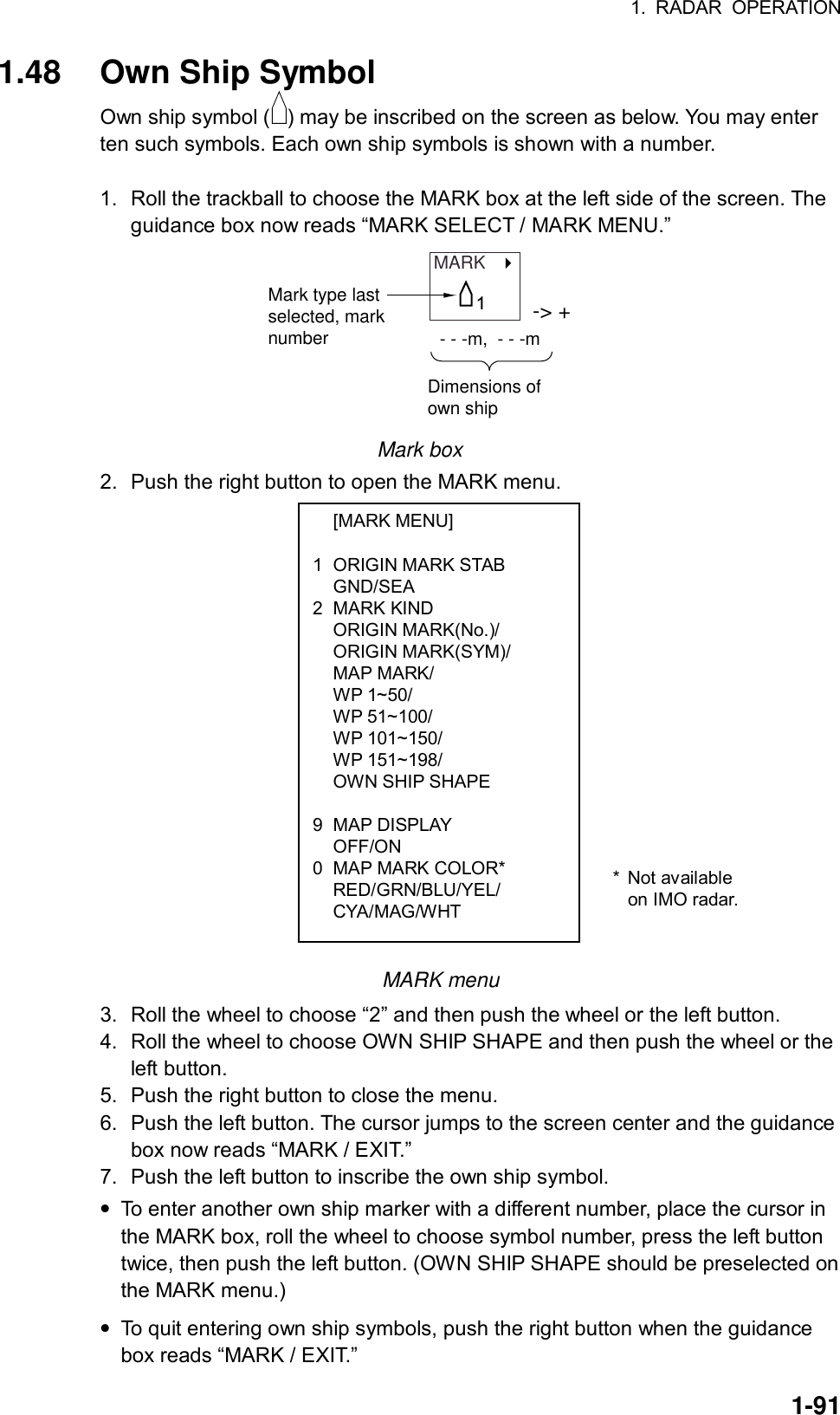 1. RADAR OPERATION  1-91 [MARK MENU]  1  ORIGIN MARK STAB  GND/SEA 2 MARK KIND  ORIGIN MARK(No.)/  ORIGIN MARK(SYM)/  MAP MARK/  WP 1~50/  WP 51~100/  WP 101~150/  WP 151~198/   OWN SHIP SHAPE   9 MAP DISPLAY  OFF/ON 0  MAP MARK COLOR*  RED/GRN/BLU/YEL/  CYA/MAG/WHT 1.48  Own Ship Symbol Own ship symbol ( ) may be inscribed on the screen as below. You may enter ten such symbols. Each own ship symbols is shown with a number.  1.  Roll the trackball to choose the MARK box at the left side of the screen. The guidance box now reads “MARK SELECT / MARK MENU.” MARK   Mark type lastselected, marknumber-&gt; +  - - -m,  - - -m1Dimensions ofown ship Mark box 2.  Push the right button to open the MARK menu.                                                           MARK menu 3.  Roll the wheel to choose “2” and then push the wheel or the left button. 4.  Roll the wheel to choose OWN SHIP SHAPE and then push the wheel or the left button. 5.  Push the right button to close the menu.   6.  Push the left button. The cursor jumps to the screen center and the guidance box now reads “MARK / EXIT.” 7.  Push the left button to inscribe the own ship symbol. • To enter another own ship marker with a different number, place the cursor in the MARK box, roll the wheel to choose symbol number, press the left button twice, then push the left button. (OWN SHIP SHAPE should be preselected on the MARK menu.) • To quit entering own ship symbols, push the right button when the guidance box reads “MARK / EXIT.” * Not available on IMO radar. 