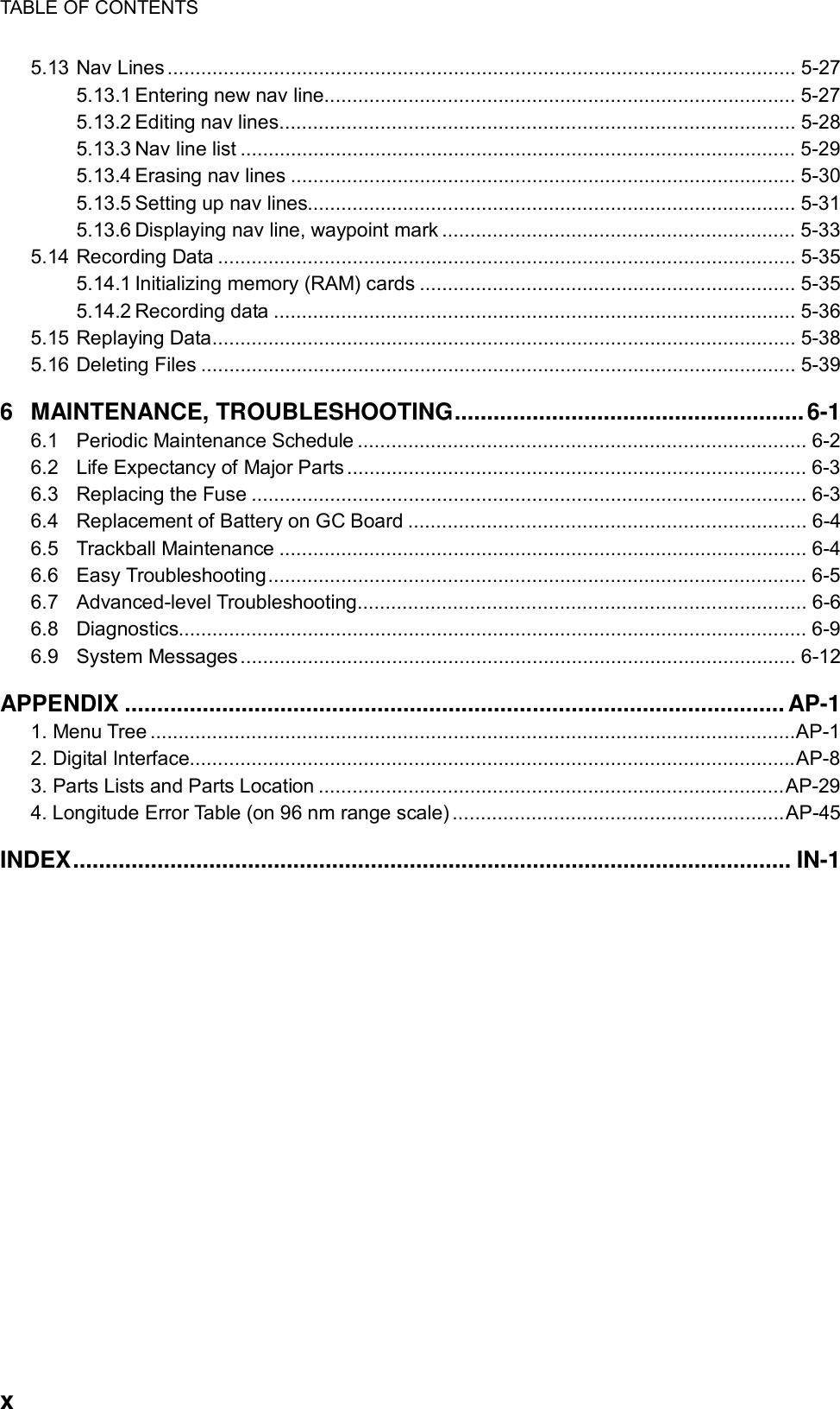 TABLE OF CONTENTS  x 5.13 Nav Lines ................................................................................................................ 5-27 5.13.1 Entering new nav line.................................................................................... 5-27 5.13.2 Editing nav lines............................................................................................ 5-28 5.13.3 Nav line list ................................................................................................... 5-29 5.13.4 Erasing nav lines .......................................................................................... 5-30 5.13.5 Setting up nav lines....................................................................................... 5-31 5.13.6 Displaying nav line, waypoint mark ............................................................... 5-33 5.14 Recording Data ....................................................................................................... 5-35 5.14.1 Initializing memory (RAM) cards ................................................................... 5-35 5.14.2 Recording data ............................................................................................. 5-36 5.15 Replaying Data........................................................................................................ 5-38 5.16 Deleting Files .......................................................................................................... 5-39 6 MAINTENANCE, TROUBLESHOOTING......................................................6-1 6.1 Periodic Maintenance Schedule ................................................................................ 6-2 6.2 Life Expectancy of Major Parts.................................................................................. 6-3 6.3 Replacing the Fuse ................................................................................................... 6-3 6.4 Replacement of Battery on GC Board ....................................................................... 6-4 6.5 Trackball Maintenance .............................................................................................. 6-4 6.6 Easy Troubleshooting................................................................................................ 6-5 6.7 Advanced-level Troubleshooting................................................................................ 6-6 6.8 Diagnostics................................................................................................................ 6-9 6.9 System Messages................................................................................................... 6-12 APPENDIX ......................................................................................................AP-1 1. Menu Tree ...................................................................................................................AP-1 2. Digital Interface............................................................................................................AP-8 3. Parts Lists and Parts Location ...................................................................................AP-29 4. Longitude Error Table (on 96 nm range scale) ...........................................................AP-45 INDEX............................................................................................................... IN-1   