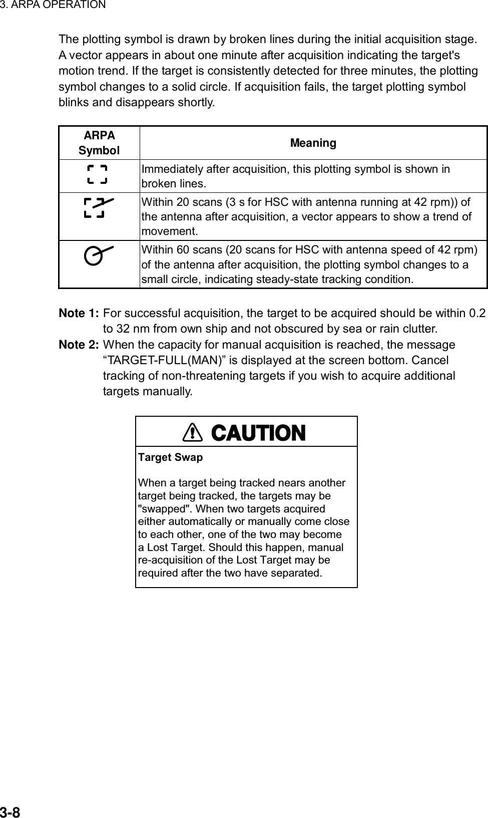 3. ARPA OPERATION  3-8 The plotting symbol is drawn by broken lines during the initial acquisition stage. A vector appears in about one minute after acquisition indicating the target&apos;s motion trend. If the target is consistently detected for three minutes, the plotting symbol changes to a solid circle. If acquisition fails, the target plotting symbol blinks and disappears shortly.  ARPA Symbol  Meaning   Immediately after acquisition, this plotting symbol is shown in broken lines.  Within 20 scans (3 s for HSC with antenna running at 42 rpm)) of the antenna after acquisition, a vector appears to show a trend of movement.  Within 60 scans (20 scans for HSC with antenna speed of 42 rpm) of the antenna after acquisition, the plotting symbol changes to a small circle, indicating steady-state tracking condition.  Note 1: For successful acquisition, the target to be acquired should be within 0.2 to 32 nm from own ship and not obscured by sea or rain clutter. Note 2: When the capacity for manual acquisition is reached, the message “TARGET-FULL(MAN)” is displayed at the screen bottom. Cancel tracking of non-threatening targets if you wish to acquire additional targets manually.  CAUTIONTarget SwapWhen a target being tracked nears anothertarget being tracked, the targets may be&quot;swapped&quot;. When two targets acquiredeither automatically or manually come closeto each other, one of the two may becomea Lost Target. Should this happen, manualre-acquisition of the Lost Target may berequired after the two have separated.  