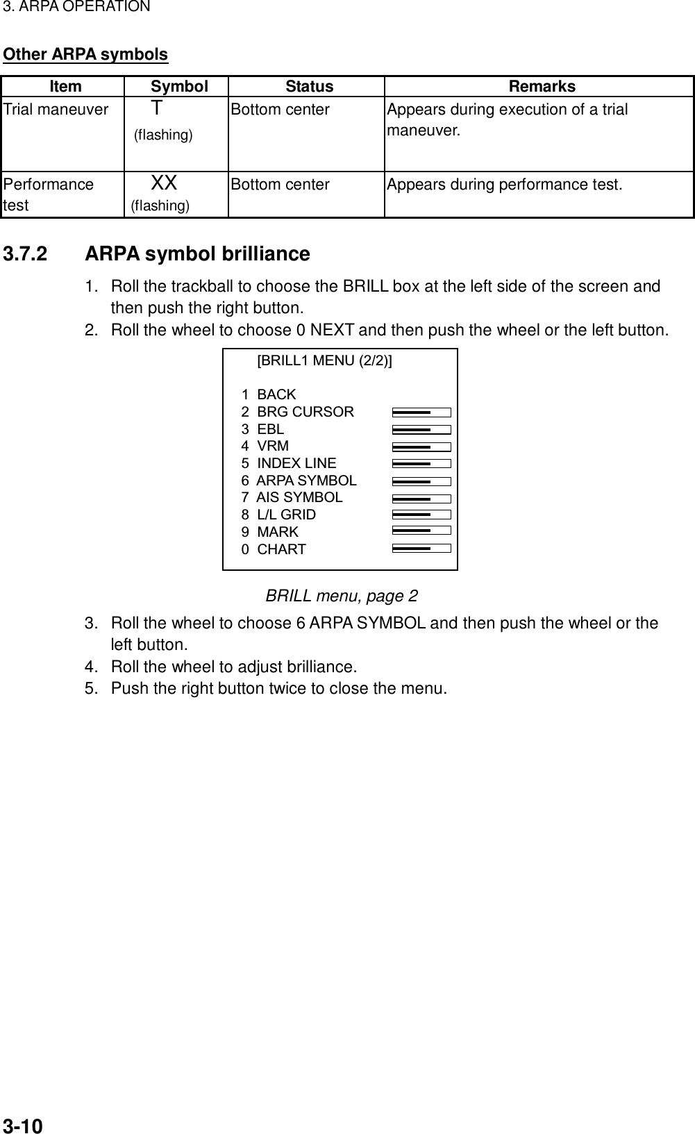 3. ARPA OPERATION  3-10 Other ARPA symbols Item Symbol  Status  Remarks Trial maneuver T  (flashing) Bottom center    Appears during execution of a trial maneuver. Performance test XX (flashing) Bottom center  Appears during performance test.  3.7.2 ARPA symbol brilliance 1.  Roll the trackball to choose the BRILL box at the left side of the screen and then push the right button. 2.  Roll the wheel to choose 0 NEXT and then push the wheel or the left button.     [BRILL1 MENU (2/2)]1  BACK2  BRG CURSOR3  EBL4  VRM5  INDEX LINE6  ARPA SYMBOL7  AIS SYMBOL8  L/L GRID9  MARK0  CHART BRILL menu, page 2 3.  Roll the wheel to choose 6 ARPA SYMBOL and then push the wheel or the left button. 4.  Roll the wheel to adjust brilliance. 5.  Push the right button twice to close the menu. 