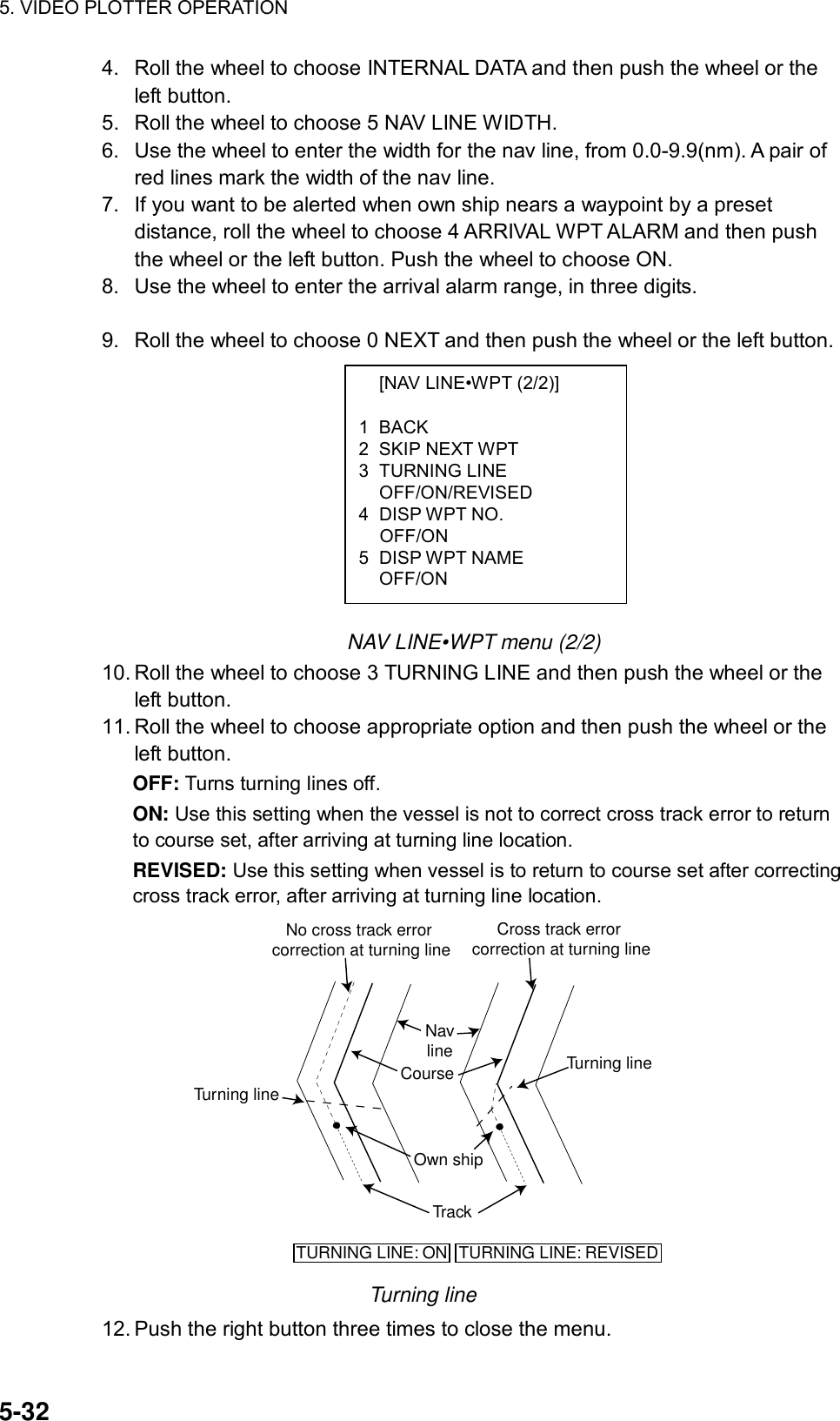 5. VIDEO PLOTTER OPERATION  5-32   [NAV LINE•WPT (2/2)]  1 BACK 2 SKIP NEXT WPT 3 TURNING LINE  OFF/ON/REVISED 4 DISP WPT NO.  OFF/ON 5 DISP WPT NAME  OFF/ON 4.  Roll the wheel to choose INTERNAL DATA and then push the wheel or the left button. 5.  Roll the wheel to choose 5 NAV LINE WIDTH. 6.  Use the wheel to enter the width for the nav line, from 0.0-9.9(nm). A pair of red lines mark the width of the nav line. 7.  If you want to be alerted when own ship nears a waypoint by a preset distance, roll the wheel to choose 4 ARRIVAL WPT ALARM and then push the wheel or the left button. Push the wheel to choose ON. 8.  Use the wheel to enter the arrival alarm range, in three digits.  9.  Roll the wheel to choose 0 NEXT and then push the wheel or the left button.           NAV LINE•WPT menu (2/2) 10. Roll the wheel to choose 3 TURNING LINE and then push the wheel or the left button. 11. Roll the wheel to choose appropriate option and then push the wheel or the left button. OFF: Turns turning lines off. ON: Use this setting when the vessel is not to correct cross track error to return to course set, after arriving at turning line location. REVISED: Use this setting when vessel is to return to course set after correcting cross track error, after arriving at turning line location.  Own shipTurning lineCourseNavlineTrackTurning lineTURNING LINE: REVISEDTURNING LINE: ONNo cross track error correction at turning lineCross track error correction at turning line Turning line 12. Push the right button three times to close the menu.  