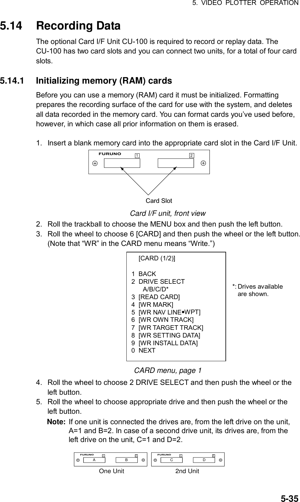 5. VIDEO PLOTTER OPERATION  5-35 [CARD (1/2)]  1 BACK 2 DRIVE SELECT A/B/C/D* 3 [READ CARD] 4 [WR MARK] 5  [WR NAV LINE•WPT] 6  [WR OWN TRACK] 7  [WR TARGET TRACK] 8 [WR SETTING DATA] 9 [WR INSTALL DATA] 0 NEXT 5.14 Recording Data The optional Card I/F Unit CU-100 is required to record or replay data. The CU-100 has two card slots and you can connect two units, for a total of four card slots.  5.14.1  Initializing memory (RAM) cards Before you can use a memory (RAM) card it must be initialized. Formatting prepares the recording surface of the card for use with the system, and deletes all data recorded in the memory card. You can format cards you’ve used before, however, in which case all prior information on them is erased.  1.  Insert a blank memory card into the appropriate card slot in the Card I/F Unit. Card Slot++12 Card I/F unit, front view 2.  Roll the trackball to choose the MENU box and then push the left button. 3.  Roll the wheel to choose 6 [CARD] and then push the wheel or the left button. (Note that “WR” in the CARD menu means “Write.”)                        CARD menu, page 1 4.  Roll the wheel to choose 2 DRIVE SELECT and then push the wheel or the left button. 5.  Roll the wheel to choose appropriate drive and then push the wheel or the left button. Note:  If one unit is connected the drives are, from the left drive on the unit, A=1 and B=2. In case of a second drive unit, its drives are, from the left drive on the unit, C=1 and D=2.   ++12++12A                            B                                        C                            DOne Unit                             2nd Unit *: Drives available are shown. 