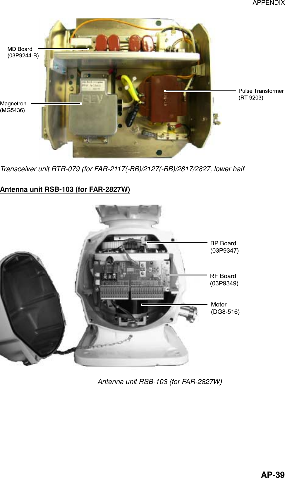 APPENDIX  AP-39MD Board(03P9244-B)Magnetron(MG5436)Pulse Transformer(RT-9203) Transceiver unit RTR-079 (for FAR-2117(-BB)/2127(-BB)/2817/2827, lower half  Antenna unit RSB-103 (for FAR-2827W) RF Board(03P9349)BP Board(03P9347)Motor(DG8-516) Antenna unit RSB-103 (for FAR-2827W) 