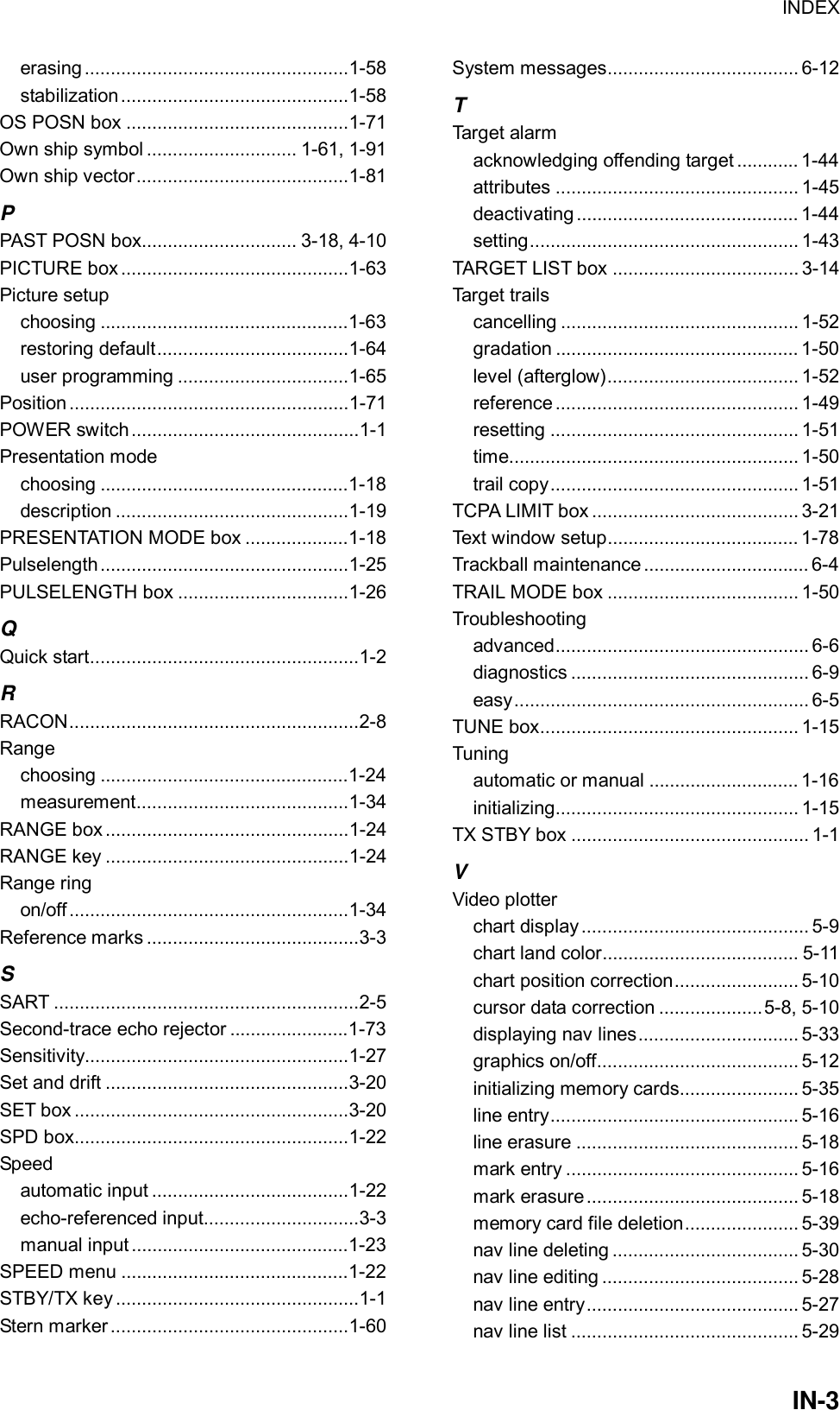INDEX  IN-3erasing ...................................................1-58 stabilization............................................1-58 OS POSN box ...........................................1-71 Own ship symbol ............................. 1-61, 1-91 Own ship vector.........................................1-81 P PAST POSN box.............................. 3-18, 4-10 PICTURE box ............................................1-63 Picture setup choosing ................................................1-63 restoring default.....................................1-64 user programming .................................1-65 Position ......................................................1-71 POWER switch............................................1-1 Presentation mode choosing ................................................1-18 description .............................................1-19 PRESENTATION MODE box ....................1-18 Pulselength ................................................1-25 PULSELENGTH box .................................1-26 Q Quick start....................................................1-2 R RACON........................................................2-8 Range choosing ................................................1-24 measurement.........................................1-34 RANGE box ...............................................1-24 RANGE key ...............................................1-24 Range ring on/off......................................................1-34 Reference marks .........................................3-3 S SART ...........................................................2-5 Second-trace echo rejector .......................1-73 Sensitivity...................................................1-27 Set and drift ...............................................3-20 SET box .....................................................3-20 SPD box.....................................................1-22 Speed automatic input ......................................1-22 echo-referenced input..............................3-3 manual input ..........................................1-23 SPEED menu ............................................1-22 STBY/TX key ...............................................1-1 Stern marker ..............................................1-60 System messages..................................... 6-12 T Target alarm acknowledging offending target ............ 1-44 attributes ............................................... 1-45 deactivating ........................................... 1-44 setting.................................................... 1-43 TARGET LIST box .................................... 3-14 Target trails cancelling .............................................. 1-52 gradation ............................................... 1-50 level (afterglow)..................................... 1-52 reference ............................................... 1-49 resetting ................................................ 1-51 time........................................................ 1-50 trail copy................................................ 1-51 TCPA LIMIT box ........................................ 3-21 Text window setup..................................... 1-78 Trackball maintenance ................................ 6-4 TRAIL MODE box ..................................... 1-50 Troubleshooting advanced................................................. 6-6 diagnostics .............................................. 6-9 easy......................................................... 6-5 TUNE box.................................................. 1-15 Tuning automatic or manual ............................. 1-16 initializing............................................... 1-15 TX STBY box .............................................. 1-1 V Video plotter chart display ............................................ 5-9 chart land color...................................... 5-11 chart position correction........................ 5-10 cursor data correction ....................5-8, 5-10 displaying nav lines............................... 5-33 graphics on/off....................................... 5-12 initializing memory cards....................... 5-35 line entry................................................ 5-16 line erasure ........................................... 5-18 mark entry ............................................. 5-16 mark erasure ......................................... 5-18 memory card file deletion...................... 5-39 nav line deleting .................................... 5-30 nav line editing ...................................... 5-28 nav line entry......................................... 5-27 nav line list ............................................ 5-29 