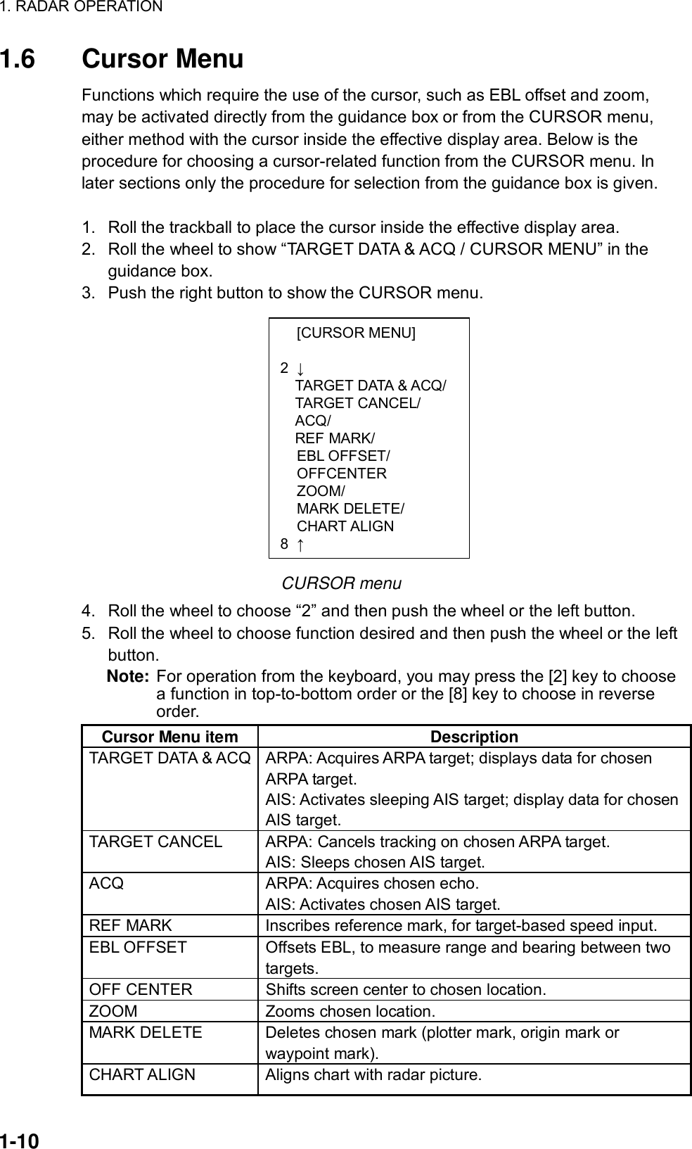 1. RADAR OPERATION  1-10  [CURSOR MENU]  2  ↓ TARGET DATA &amp; ACQ/TARGET CANCEL/ ACQ/ REF MARK/  EBL OFFSET/  OFFCENTER  ZOOM/  MARK DELETE/  CHART ALIGN 8  ↑ 1.6 Cursor Menu Functions which require the use of the cursor, such as EBL offset and zoom, may be activated directly from the guidance box or from the CURSOR menu, either method with the cursor inside the effective display area. Below is the procedure for choosing a cursor-related function from the CURSOR menu. In later sections only the procedure for selection from the guidance box is given.  1.  Roll the trackball to place the cursor inside the effective display area.   2.  Roll the wheel to show “TARGET DATA &amp; ACQ / CURSOR MENU” in the guidance box. 3.  Push the right button to show the CURSOR menu.             CURSOR menu 4.  Roll the wheel to choose “2” and then push the wheel or the left button. 5.  Roll the wheel to choose function desired and then push the wheel or the left button.  Note: For operation from the keyboard, you may press the [2] key to choose a function in top-to-bottom order or the [8] key to choose in reverse order. Cursor Menu item  Description TARGET DATA &amp; ACQ  ARPA: Acquires ARPA target; displays data for chosen ARPA target. AIS: Activates sleeping AIS target; display data for chosen AIS target. TARGET CANCEL  ARPA: Cancels tracking on chosen ARPA target. AIS: Sleeps chosen AIS target. ACQ ARPA: Acquires chosen echo. AIS: Activates chosen AIS target. REF MARK  Inscribes reference mark, for target-based speed input. EBL OFFSET  Offsets EBL, to measure range and bearing between two targets. OFF CENTER  Shifts screen center to chosen location. ZOOM  Zooms chosen location. MARK DELETE  Deletes chosen mark (plotter mark, origin mark or waypoint mark). CHART ALIGN  Aligns chart with radar picture. 