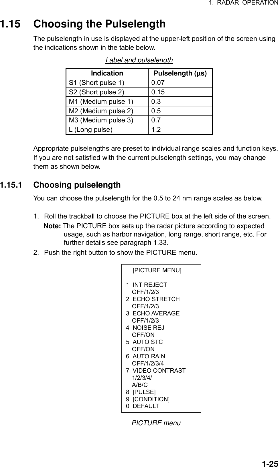 1. RADAR OPERATION  1-25 [PICTURE MENU]  1 INT REJECT OFF/1/2/3 2 ECHO STRETCH OFF/1/2/3 3 ECHO AVERAGE OFF/1/2/3 4 NOISE REJ OFF/ON 5 AUTO STC OFF/ON 6 AUTO RAIN OFF/1/2/3/4 7 VIDEO CONTRAST 1/2/3/4/ A/B/C 8 [PULSE] 9 [CONDITION] 0 DEFAULT 1.15  Choosing the Pulselength The pulselength in use is displayed at the upper-left position of the screen using the indications shown in the table below. Label and pulselength Indication Pulselength (µs)S1 (Short pulse 1)  0.07   S2 (Short pulse 2)  0.15   M1 (Medium pulse 1)  0.3   M2 (Medium pulse 2)  0.5   M3 (Medium pulse 3)  0.7   L (Long pulse)  1.2    Appropriate pulselengths are preset to individual range scales and function keys. If you are not satisfied with the current pulselength settings, you may change them as shown below.  1.15.1 Choosing pulselength You can choose the pulselength for the 0.5 to 24 nm range scales as below.  1.  Roll the trackball to choose the PICTURE box at the left side of the screen.   Note: The PICTURE box sets up the radar picture according to expected usage, such as harbor navigation, long range, short range, etc. For further details see paragraph 1.33. 2.  Push the right button to show the PICTURE menu.                     PICTURE menu 