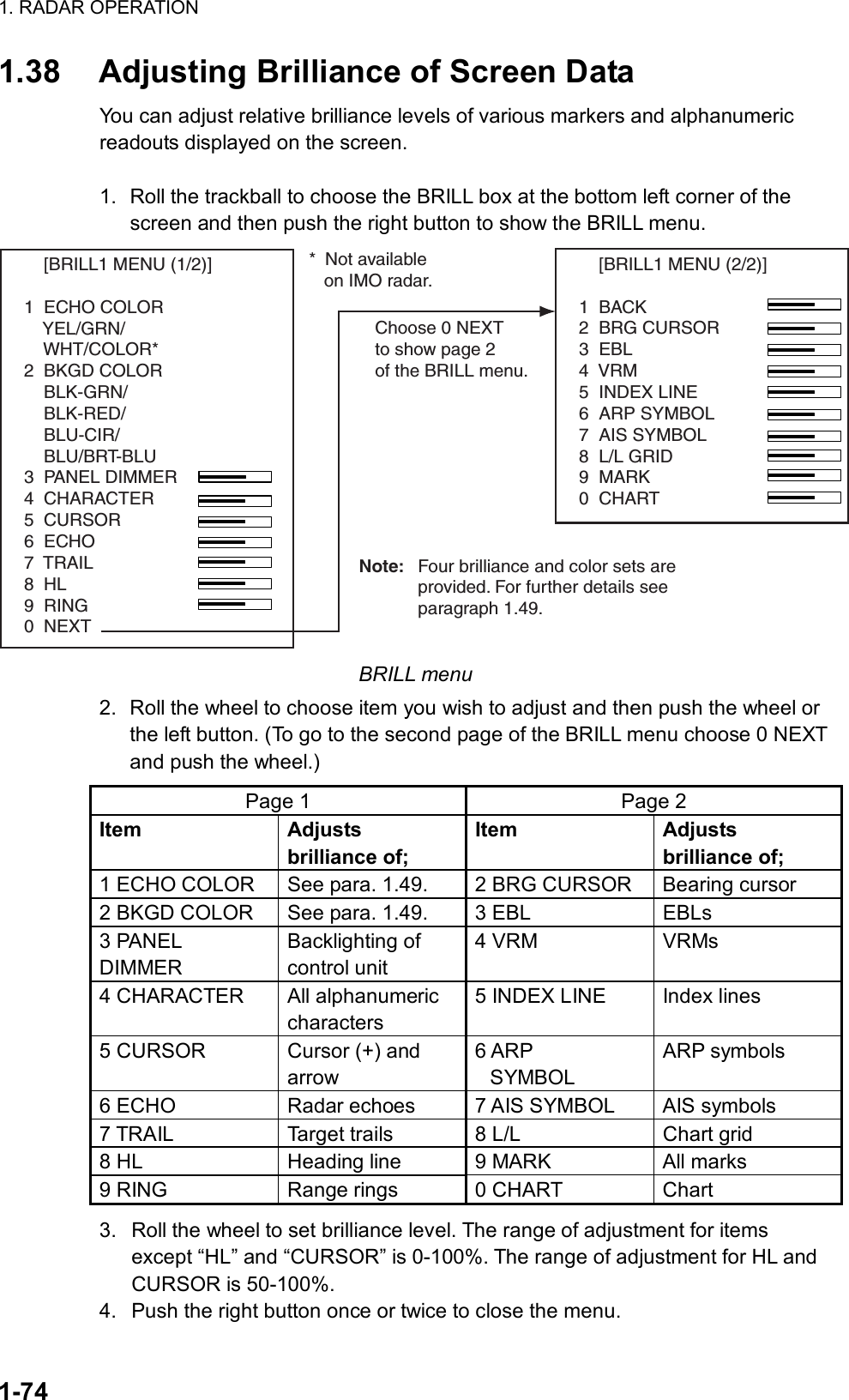 1. RADAR OPERATION  1-74 1.38  Adjusting Brilliance of Screen Data You can adjust relative brilliance levels of various markers and alphanumeric readouts displayed on the screen.  1.  Roll the trackball to choose the BRILL box at the bottom left corner of the screen and then push the right button to show the BRILL menu.     [BRILL1 MENU (2/2)]1  BACK2  BRG CURSOR3  EBL4  VRM5  INDEX LINE6  ARP SYMBOL7  AIS SYMBOL8  L/L GRID9  MARK0  CHARTChoose 0 NEXTto show page 2of the BRILL menu.     [BRILL1 MENU (1/2)]1  ECHO COLOR    YEL/GRN/    WHT/COLOR*2  BKGD COLOR    BLK-GRN/    BLK-RED/    BLU-CIR/    BLU/BRT-BLU3  PANEL DIMMER4  CHARACTER5  CURSOR6  ECHO7  TRAIL8  HL9  RING0  NEXT* Not available   on IMO radar.Note: Four brilliance and color sets are provided. For further details see paragraph 1.49. BRILL menu 2.  Roll the wheel to choose item you wish to adjust and then push the wheel or the left button. (To go to the second page of the BRILL menu choose 0 NEXT and push the wheel.) Page 1  Page 2 Item Adjusts brilliance of; Item Adjusts brilliance of; 1 ECHO COLOR  See para. 1.49.  2 BRG CURSOR  Bearing cursor 2 BKGD COLOR  See para. 1.49.  3 EBL  EBLs 3 PANEL DIMMER Backlighting of control unit 4 VRM  VRMs 4 CHARACTER  All alphanumeric characters 5 INDEX LINE  Index lines 5 CURSOR  Cursor (+) and arrow 6 ARP   SYMBOL ARP symbols 6 ECHO  Radar echoes  7 AIS SYMBOL  AIS symbols 7 TRAIL  Target trails  8 L/L  Chart grid 8 HL  Heading line  9 MARK  All marks 9 RING  Range rings  0 CHART  Chart 3.  Roll the wheel to set brilliance level. The range of adjustment for items except “HL” and “CURSOR” is 0-100%. The range of adjustment for HL and CURSOR is 50-100%. 4.  Push the right button once or twice to close the menu. 