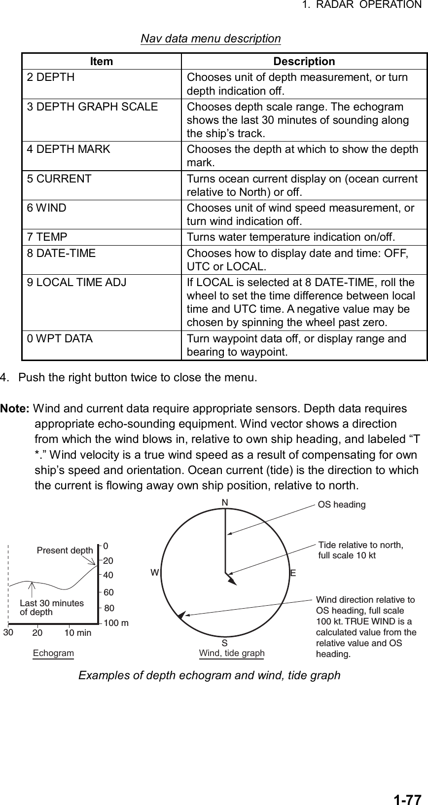 1. RADAR OPERATION  1-77Nav data menu description Item Description 2 DEPTH  Chooses unit of depth measurement, or turn depth indication off. 3 DEPTH GRAPH SCALE  Chooses depth scale range. The echogram shows the last 30 minutes of sounding along the ship’s track.   4 DEPTH MARK  Chooses the depth at which to show the depth mark. 5 CURRENT  Turns ocean current display on (ocean current relative to North) or off. 6 WIND  Chooses unit of wind speed measurement, or turn wind indication off. 7 TEMP  Turns water temperature indication on/off. 8 DATE-TIME  Chooses how to display date and time: OFF, UTC or LOCAL.   9 LOCAL TIME ADJ  If LOCAL is selected at 8 DATE-TIME, roll the wheel to set the time difference between local time and UTC time. A negative value may be chosen by spinning the wheel past zero. 0 WPT DATA  Turn waypoint data off, or display range and bearing to waypoint. 4.  Push the right button twice to close the menu.  Note: Wind and current data require appropriate sensors. Depth data requires appropriate echo-sounding equipment. Wind vector shows a direction from which the wind blows in, relative to own ship heading, and labeled “T *.” Wind velocity is a true wind speed as a result of compensating for own ship’s speed and orientation. Ocean current (tide) is the direction to which the current is flowing away own ship position, relative to north. 30 20 10 min100 m806040200Present depthLast 30 minutes of depthNEWSOS headingWind direction relative toOS heading, full scale100 kt. TRUE WIND is acalculated value from therelative value and OSheading.EchogramWind, tide graphTide relative to north,full scale 10 kt Examples of depth echogram and wind, tide graph 