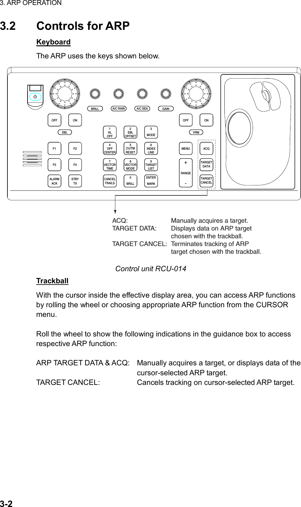 3. ARP OPERATION  3-2 3.2 Controls for ARP Keyboard The ARP uses the keys shown below. ACQONMENUOFFVRMA/C SEAA/C RAINMODE3LINEINDEX6OFF21HLCENTEROFF45RESETCU/TMOFFSETEBLGAINTARGETCANCELTARGETDATARANGE-+LISTTARGET9MARKENTERTIMEVECTOR78CANCELTRAILS0MODEVECTORBRILLBRILLEBLF1OFFF2ONACKALARMF3 F4STBYTXACQ: Manually acquires a target.TARGET DATA: Displays data on ARP target chosen with the trackball.TARGET CANCEL: Terminates tracking of ARPtarget chosen with the trackball. Control unit RCU-014 Trackball With the cursor inside the effective display area, you can access ARP functions by rolling the wheel or choosing appropriate ARP function from the CURSOR menu.   Roll the wheel to show the following indications in the guidance box to access respective ARP function:  ARP TARGET DATA &amp; ACQ:  Manually acquires a target, or displays data of the   cursor-selected ARP target. TARGET CANCEL:  Cancels tracking on cursor-selected ARP target.  