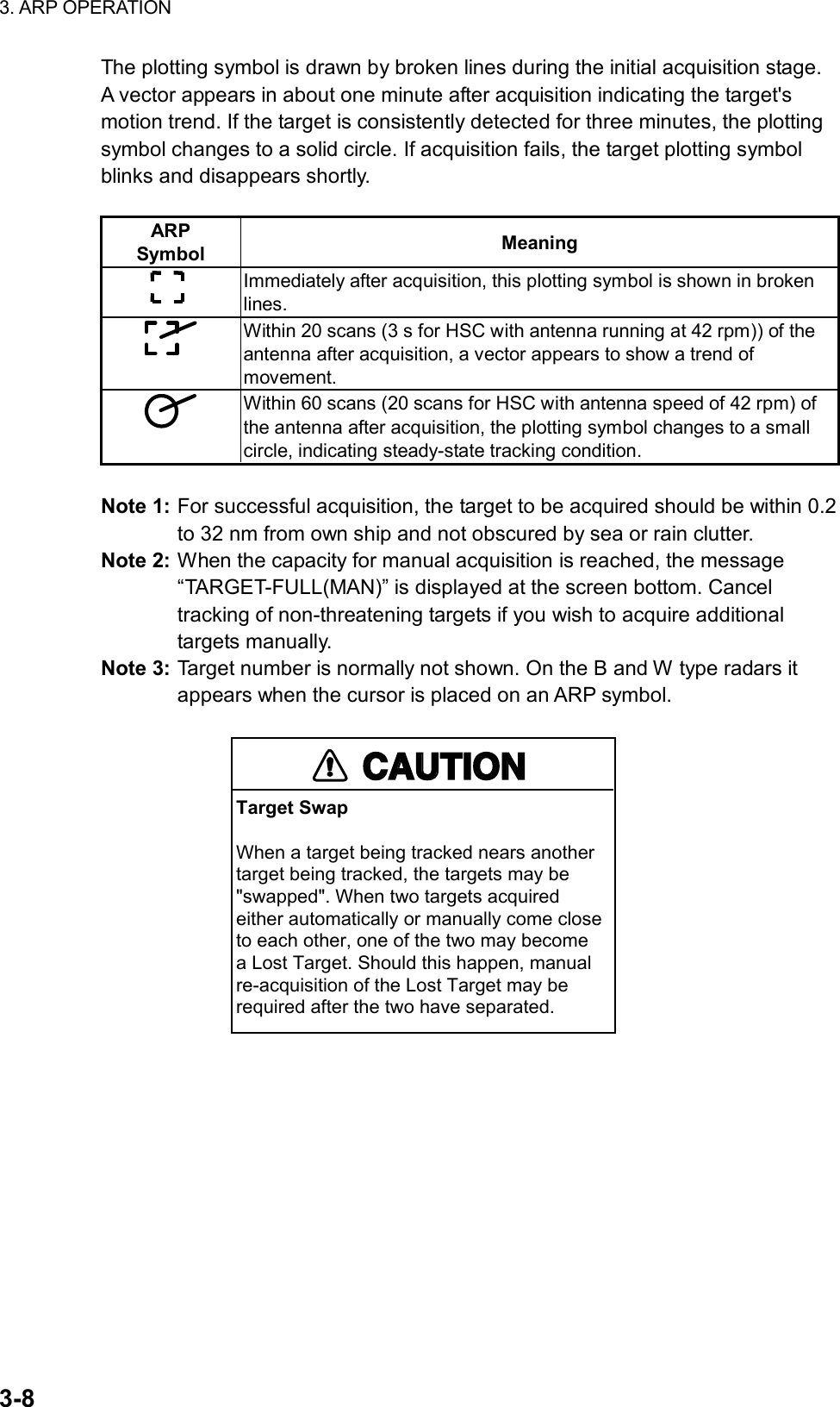 3. ARP OPERATION  3-8 The plotting symbol is drawn by broken lines during the initial acquisition stage. A vector appears in about one minute after acquisition indicating the target&apos;s motion trend. If the target is consistently detected for three minutes, the plotting symbol changes to a solid circle. If acquisition fails, the target plotting symbol blinks and disappears shortly.  ARP Symbol  Meaning   Immediately after acquisition, this plotting symbol is shown in broken lines.  Within 20 scans (3 s for HSC with antenna running at 42 rpm)) of the antenna after acquisition, a vector appears to show a trend of movement.  Within 60 scans (20 scans for HSC with antenna speed of 42 rpm) of the antenna after acquisition, the plotting symbol changes to a small circle, indicating steady-state tracking condition.  Note 1: For successful acquisition, the target to be acquired should be within 0.2 to 32 nm from own ship and not obscured by sea or rain clutter. Note 2: When the capacity for manual acquisition is reached, the message “TARGET-FULL(MAN)” is displayed at the screen bottom. Cancel tracking of non-threatening targets if you wish to acquire additional targets manually. Note 3: Target number is normally not shown. On the B and W type radars it appears when the cursor is placed on an ARP symbol.  CAUTIONCAUTIONTarget SwapWhen a target being tracked nears anothertarget being tracked, the targets may be&quot;swapped&quot;. When two targets acquiredeither automatically or manually come closeto each other, one of the two may becomea Lost Target. Should this happen, manualre-acquisition of the Lost Target may berequired after the two have separated.  