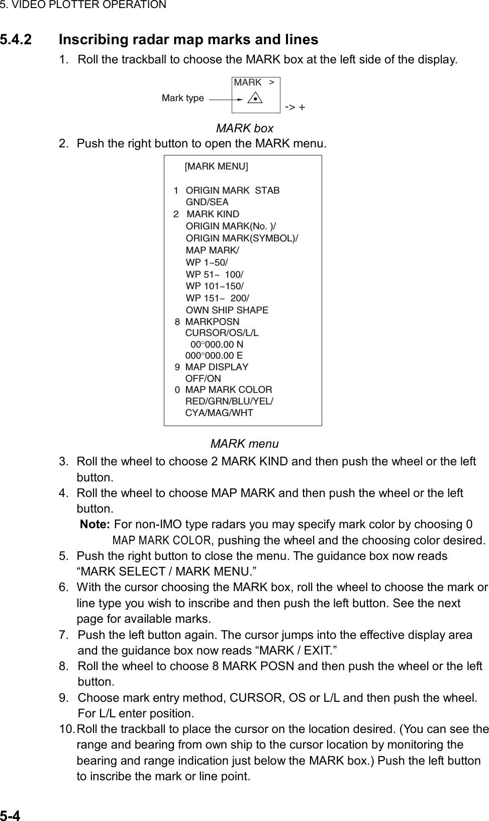 5. VIDEO PLOTTER OPERATION  5-4 5.4.2  Inscribing radar map marks and lines 1.  Roll the trackball to choose the MARK box at the left side of the display. MARK   &gt;Mark type-&gt; + MARK box 2.  Push the right button to open the MARK menu. [MARK MENU]  1  ORIGIN MARK  STAB   GND/SEA  2   MARK KIND   ORIGIN MARK(No. )/   ORIGIN MARK(SYMBOL)/   MAP MARK/   WP 1~50/   WP 51~ 100/   WP 101~150/   WP 151~ 200/   OWN SHIP SHAPE  8  MARKPOSN    CURSOR/OS/L/L      00°000.00 N    000°000.00 E9  MAP DISPLAY    OFF/ON0  MAP MARK COLOR    RED/GRN/BLU/YEL/    CYA/MAG/WHT MARK menu 3.  Roll the wheel to choose 2 MARK KIND and then push the wheel or the left button.  4.  Roll the wheel to choose MAP MARK and then push the wheel or the left button. Note: For non-IMO type radars you may specify mark color by choosing 0 MAP MARK COLOR, pushing the wheel and the choosing color desired. 5.  Push the right button to close the menu. The guidance box now reads “MARK SELECT / MARK MENU.” 6.  With the cursor choosing the MARK box, roll the wheel to choose the mark or line type you wish to inscribe and then push the left button. See the next page for available marks. 7.  Push the left button again. The cursor jumps into the effective display area and the guidance box now reads “MARK / EXIT.” 8.  Roll the wheel to choose 8 MARK POSN and then push the wheel or the left button. 9.  Choose mark entry method, CURSOR, OS or L/L and then push the wheel. For L/L enter position. 10. Roll the trackball to place the cursor on the location desired. (You can see the range and bearing from own ship to the cursor location by monitoring the bearing and range indication just below the MARK box.) Push the left button to inscribe the mark or line point. 