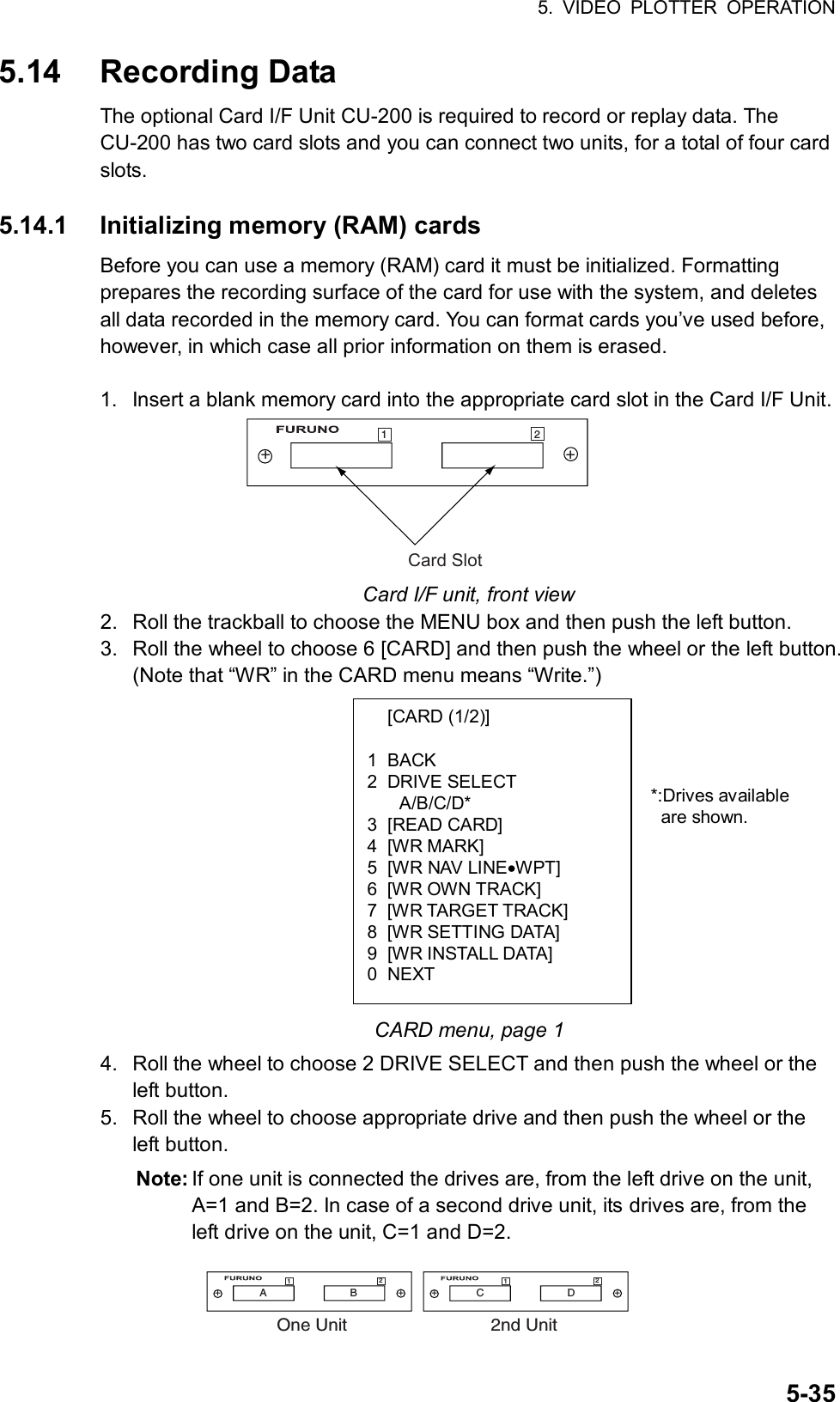 5. VIDEO PLOTTER OPERATION  5-35 [CARD (1/2)]  1 BACK 2 DRIVE SELECT A/B/C/D* 3 [READ CARD] 4 [WR MARK] 5  [WR NAV LINE•WPT] 6  [WR OWN TRACK] 7  [WR TARGET TRACK] 8 [WR SETTING DATA] 9 [WR INSTALL DATA] 0 NEXT 5.14 Recording Data The optional Card I/F Unit CU-200 is required to record or replay data. The CU-200 has two card slots and you can connect two units, for a total of four card slots.  5.14.1  Initializing memory (RAM) cards Before you can use a memory (RAM) card it must be initialized. Formatting prepares the recording surface of the card for use with the system, and deletes all data recorded in the memory card. You can format cards you’ve used before, however, in which case all prior information on them is erased.  1.  Insert a blank memory card into the appropriate card slot in the Card I/F Unit. Card Slot++12 Card I/F unit, front view 2.  Roll the trackball to choose the MENU box and then push the left button. 3.  Roll the wheel to choose 6 [CARD] and then push the wheel or the left button. (Note that “WR” in the CARD menu means “Write.”)                        CARD menu, page 1 4.  Roll the wheel to choose 2 DRIVE SELECT and then push the wheel or the left button. 5.  Roll the wheel to choose appropriate drive and then push the wheel or the left button. Note: If one unit is connected the drives are, from the left drive on the unit, A=1 and B=2. In case of a second drive unit, its drives are, from the left drive on the unit, C=1 and D=2.   ++12++12A                            B                                        C                            DOne Unit                             2nd Unit *:Drives available are shown. 