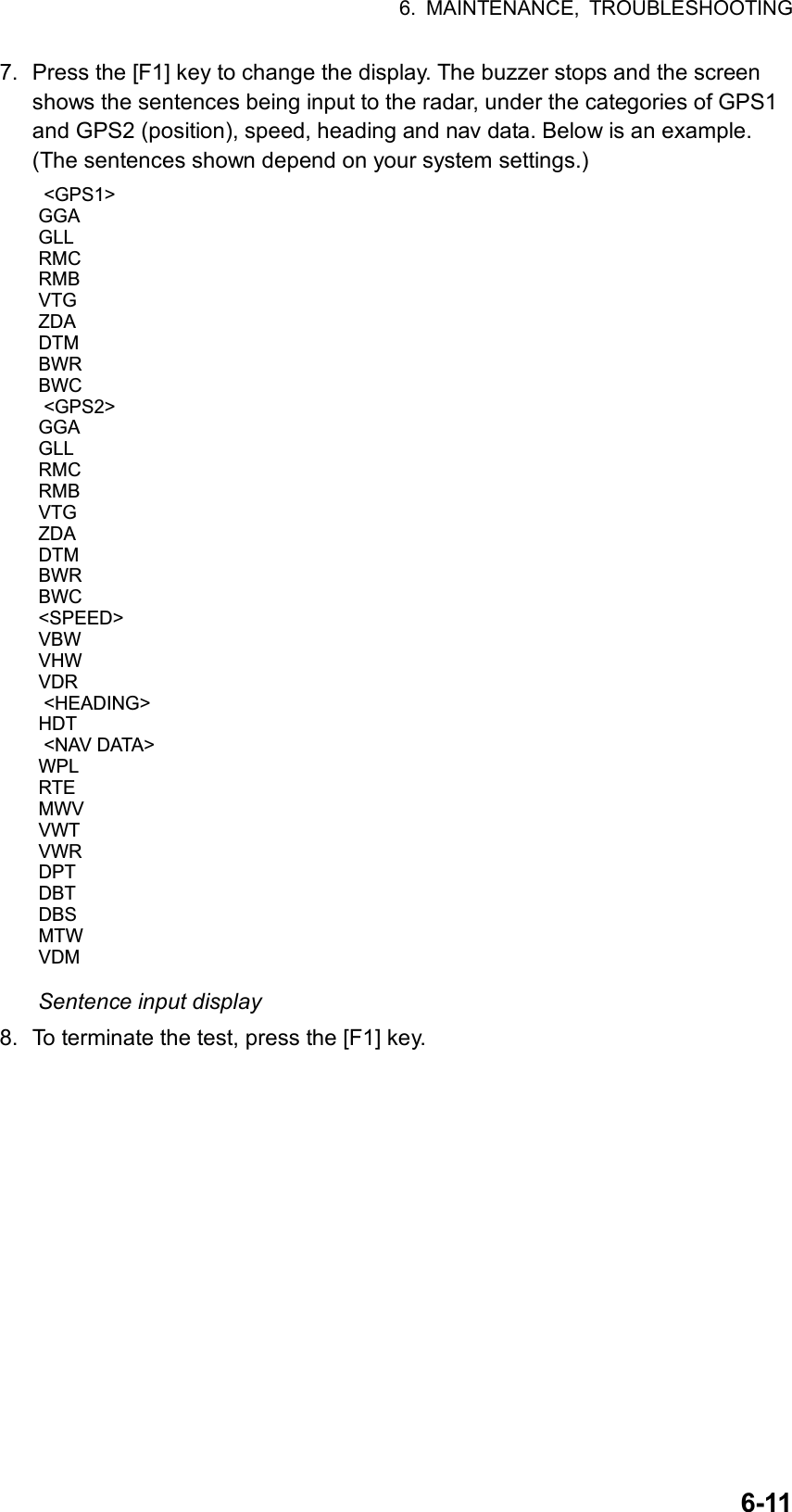 6. MAINTENANCE, TROUBLESHOOTING  6-117.  Press the [F1] key to change the display. The buzzer stops and the screen shows the sentences being input to the radar, under the categories of GPS1 and GPS2 (position), speed, heading and nav data. Below is an example. (The sentences shown depend on your system settings.)  &lt;GPS1&gt;GGAGLLRMCRMBVTGZDADTMBWRBWC &lt;GPS2&gt;GGAGLLRMCRMBVTGZDADTMBWRBWC&lt;SPEED&gt;VBWVHWVDR &lt;HEADING&gt;HDT &lt;NAV DATA&gt;WPLRTEMWVVWTVWRDPTDBTDBSMTWVDM Sentence input display 8.  To terminate the test, press the [F1] key. 