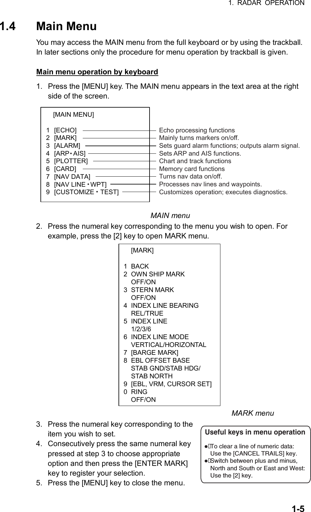 1. RADAR OPERATION  1-5 [MARK]  1 BACK 2  OWN SHIP MARK  OFF/ON 3 STERN MARK  OFF/ON 4  INDEX LINE BEARING  REL/TRUE 5 INDEX LINE  1/2/3/6 6  INDEX LINE MODE  VERTICAL/HORIZONTAL 7 [BARGE MARK] 8  EBL OFFSET BASE   STAB GND/STAB HDG/  STAB NORTH 9  [EBL, VRM, CURSOR SET]0 RING OFF/ON1.4 Main Menu You may access the MAIN menu from the full keyboard or by using the trackball. In later sections only the procedure for menu operation by trackball is given.  Main menu operation by keyboard 1.  Press the [MENU] key. The MAIN menu appears in the text area at the right side of the screen. [MAIN MENU]   1 [ECHO]  2 [MARK]  3 [ALARM]  4 [ARPzAIS]  5 [PLOTTER]  6 [CARD]  7 [NAV DATA]  8 [NAV LINEzWPT]  9 [CUSTOMIZEzTEST]  Echo processing functionsMainly turns markers on/off.Sets guard alarm functions; outputs alarm signal.Sets ARP and AIS functions.Chart and track functionsMemory card functionsTurns nav data on/off.Processes nav lines and waypoints.Customizes operation; executes diagnostics. MAIN menu 2.  Press the numeral key corresponding to the menu you wish to open. For example, press the [2] key to open MARK menu.                                                              MARK menu 3.  Press the numeral key corresponding to the item you wish to set. 4.  Consecutively press the same numeral key pressed at step 3 to choose appropriate option and then press the [ENTER MARK] key to register your selection.   5.  Press the [MENU] key to close the menu. zTo clear a line of numeric data:Use the [CANCEL TRAILS] key.zSwitch between plus and minus,North and South or East and West:Use the [2] key.Useful keys in menu operation