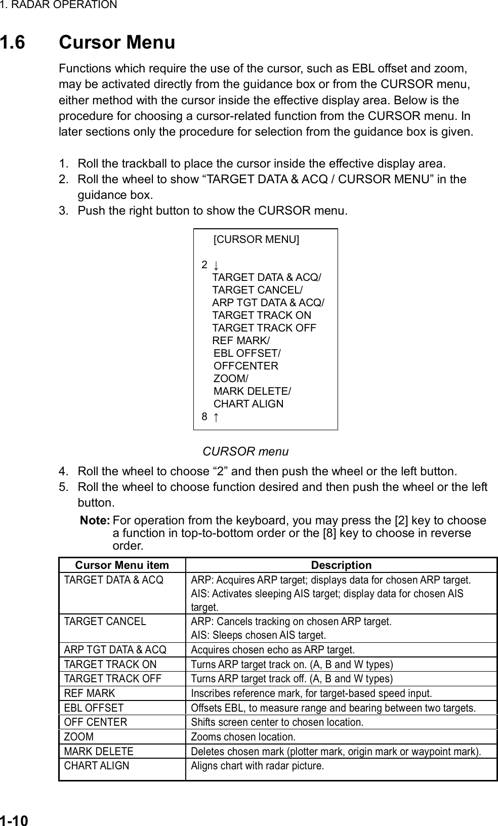 1. RADAR OPERATION  1-10  [CURSOR MENU]  2  ↓ TARGET DATA &amp; ACQ/TARGET CANCEL/ ARP TGT DATA &amp; ACQ/TARGET TRACK ON TARGET TRACK OFF REF MARK/  EBL OFFSET/  OFFCENTER  ZOOM/  MARK DELETE/  CHART ALIGN 8  ↑ 1.6 Cursor Menu Functions which require the use of the cursor, such as EBL offset and zoom, may be activated directly from the guidance box or from the CURSOR menu, either method with the cursor inside the effective display area. Below is the procedure for choosing a cursor-related function from the CURSOR menu. In later sections only the procedure for selection from the guidance box is given.  1.  Roll the trackball to place the cursor inside the effective display area.   2.  Roll the wheel to show “TARGET DATA &amp; ACQ / CURSOR MENU” in the guidance box. 3.  Push the right button to show the CURSOR menu.               CURSOR menu 4.  Roll the wheel to choose “2” and then push the wheel or the left button. 5.  Roll the wheel to choose function desired and then push the wheel or the left button.  Note: For operation from the keyboard, you may press the [2] key to choose a function in top-to-bottom order or the [8] key to choose in reverse order. Cursor Menu item  Description TARGET DATA &amp; ACQ  ARP: Acquires ARP target; displays data for chosen ARP target. AIS: Activates sleeping AIS target; display data for chosen AIS target. TARGET CANCEL  ARP: Cancels tracking on chosen ARP target. AIS: Sleeps chosen AIS target. ARP TGT DATA &amp; ACQ  Acquires chosen echo as ARP target. TARGET TRACK ON  Turns ARP target track on. (A, B and W types) TARGET TRACK OFF  Turns ARP target track off. (A, B and W types) REF MARK  Inscribes reference mark, for target-based speed input. EBL OFFSET  Offsets EBL, to measure range and bearing between two targets. OFF CENTER  Shifts screen center to chosen location. ZOOM  Zooms chosen location. MARK DELETE  Deletes chosen mark (plotter mark, origin mark or waypoint mark). CHART ALIGN  Aligns chart with radar picture.  