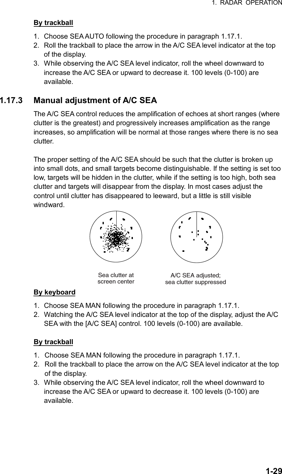 1. RADAR OPERATION  1-29By trackball 1.  Choose SEA AUTO following the procedure in paragraph 1.17.1. 2.  Roll the trackball to place the arrow in the A/C SEA level indicator at the top of the display. 3.  While observing the A/C SEA level indicator, roll the wheel downward to increase the A/C SEA or upward to decrease it. 100 levels (0-100) are available.  1.17.3  Manual adjustment of A/C SEA   The A/C SEA control reduces the amplification of echoes at short ranges (where clutter is the greatest) and progressively increases amplification as the range increases, so amplification will be normal at those ranges where there is no sea clutter.  The proper setting of the A/C SEA should be such that the clutter is broken up into small dots, and small targets become distinguishable. If the setting is set too low, targets will be hidden in the clutter, while if the setting is too high, both sea clutter and targets will disappear from the display. In most cases adjust the control until clutter has disappeared to leeward, but a little is still visible windward. A/C SEA adjusted;sea clutter suppressedSea clutter atscreen center By keyboard 1.  Choose SEA MAN following the procedure in paragraph 1.17.1. 2.  Watching the A/C SEA level indicator at the top of the display, adjust the A/C SEA with the [A/C SEA] control. 100 levels (0-100) are available.  By trackball 1.  Choose SEA MAN following the procedure in paragraph 1.17.1. 2.  Roll the trackball to place the arrow on the A/C SEA level indicator at the top of the display. 3.  While observing the A/C SEA level indicator, roll the wheel downward to increase the A/C SEA or upward to decrease it. 100 levels (0-100) are available.     