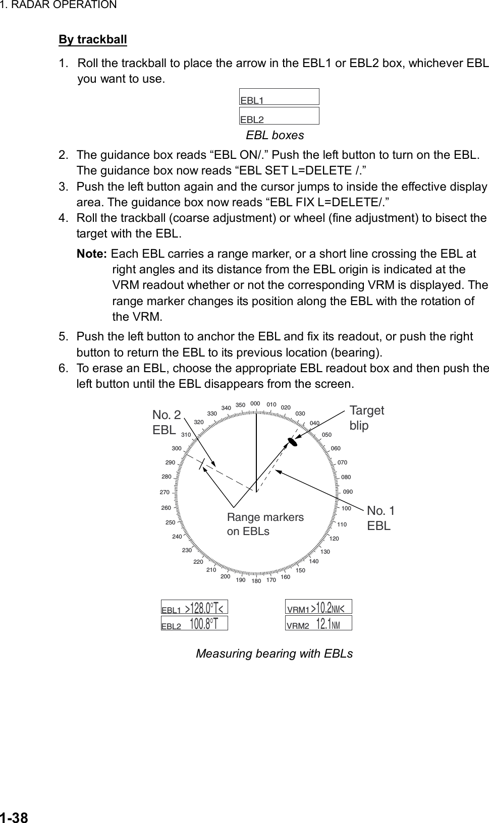 1. RADAR OPERATION  1-38 By trackball 1.  Roll the trackball to place the arrow in the EBL1 or EBL2 box, whichever EBL you want to use.     EBL1        EBL2   EBL boxes 2.  The guidance box reads “EBL ON/.” Push the left button to turn on the EBL. The guidance box now reads “EBL SET L=DELETE /.” 3.  Push the left button again and the cursor jumps to inside the effective display area. The guidance box now reads “EBL FIX L=DELETE/.” 4.  Roll the trackball (coarse adjustment) or wheel (fine adjustment) to bisect the target with the EBL.   Note: Each EBL carries a range marker, or a short line crossing the EBL at right angles and its distance from the EBL origin is indicated at the VRM readout whether or not the corresponding VRM is displayed. The range marker changes its position along the EBL with the rotation of the VRM. 5.  Push the left button to anchor the EBL and fix its readout, or push the right button to return the EBL to its previous location (bearing). 6.  To erase an EBL, choose the appropriate EBL readout box and then push the left button until the EBL disappears from the screen. 000 010 020030040050060070080090100110120130140150160170180190200210220230240250260270280290300310320330340 350No. 2EBLTargetblipNo. 1EBLRange markerson EBLs    VRM1         VRM2   12.1NM      EBL1        EBL2  &gt;128.0°T&lt;100.8°T&gt;10.2NM&lt; Measuring bearing with EBLs  